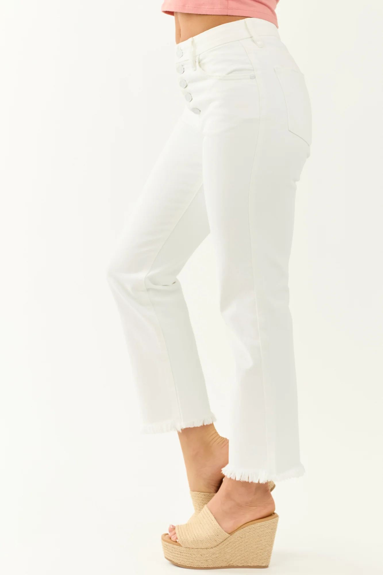 White High Rise Cropped Jeans with Button Fly | Stylish Non-Stretch Denim