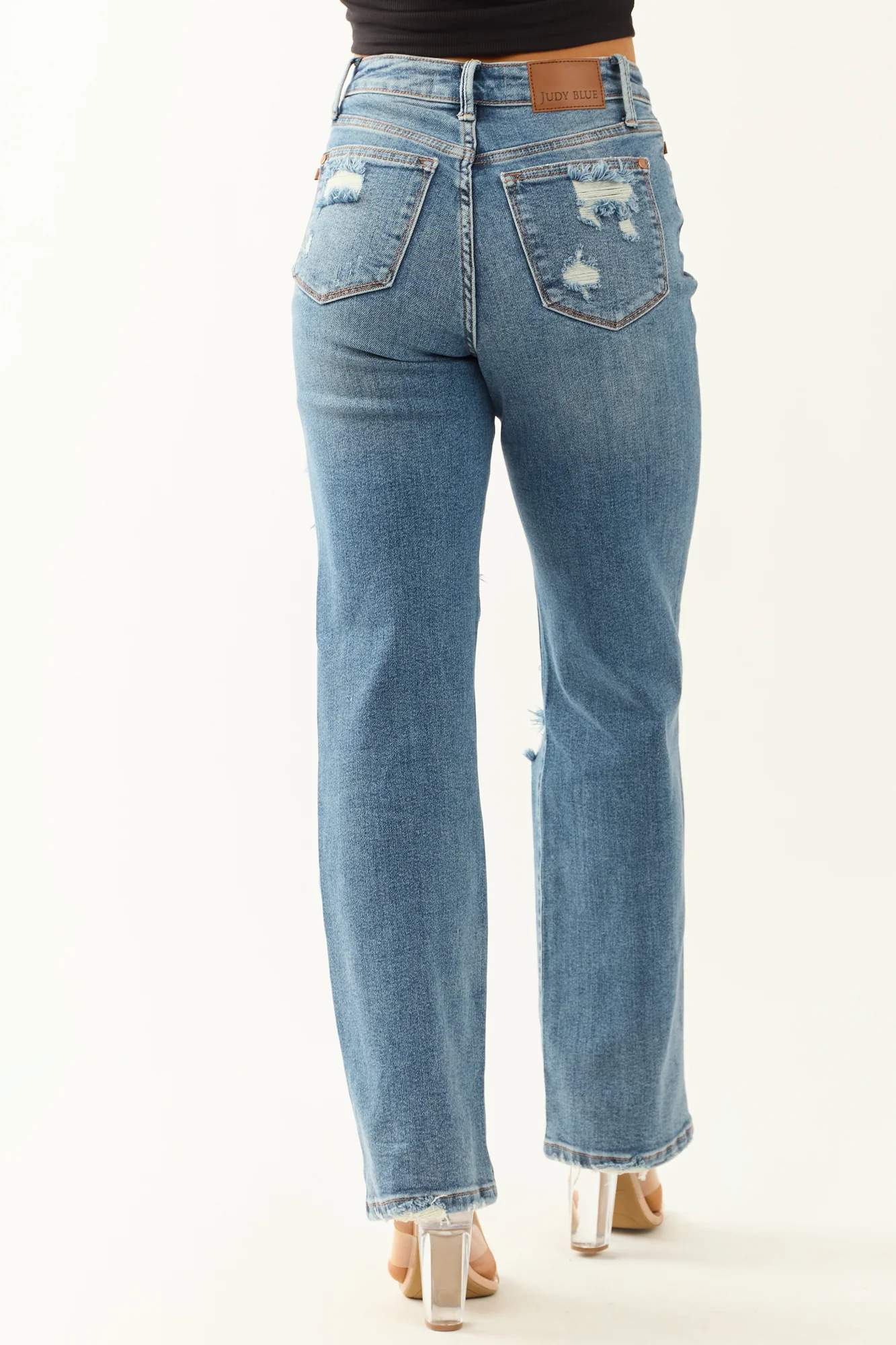 Distressed High Rise Stretchy Straight Leg Denim Jeans