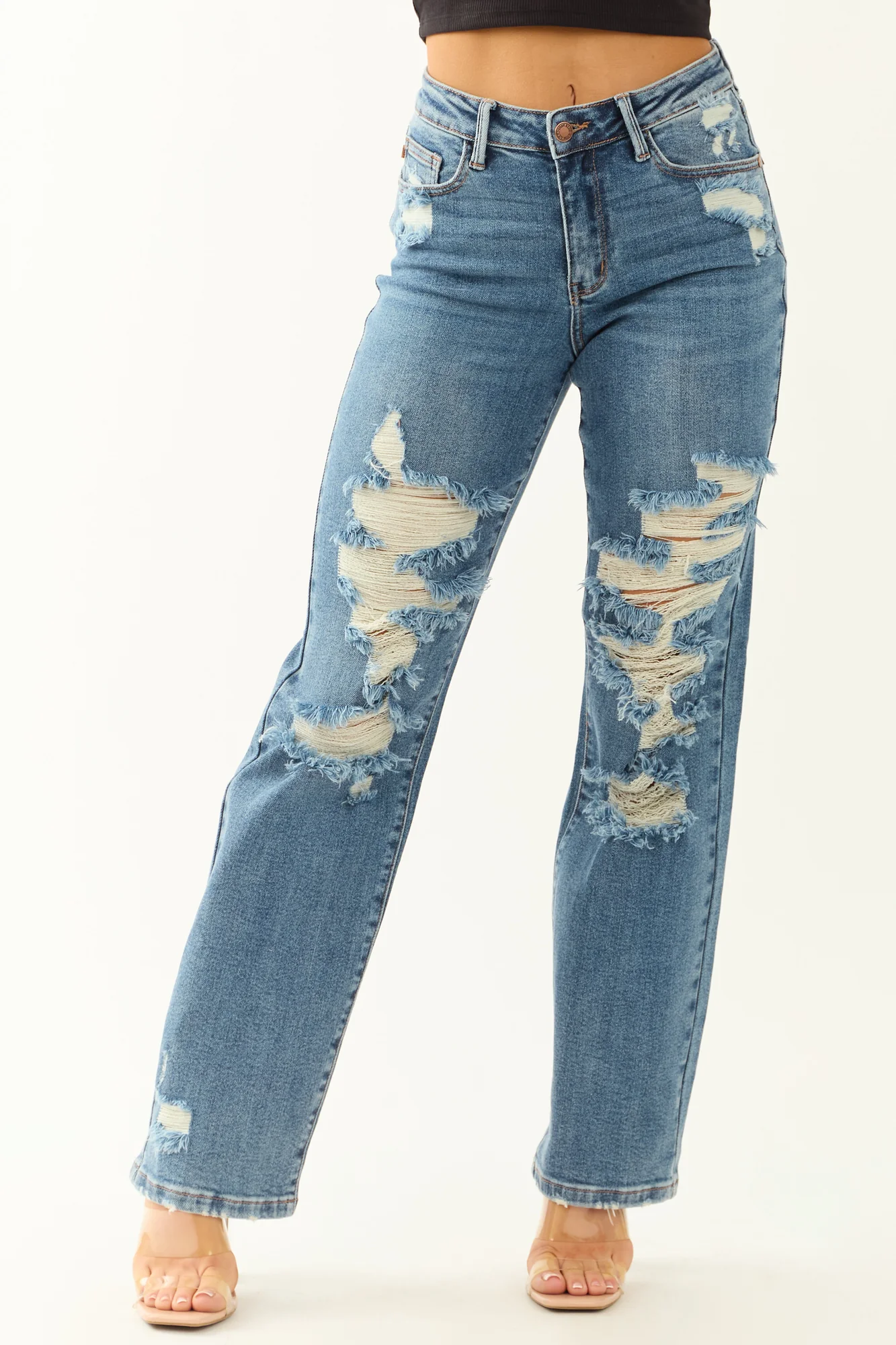 Distressed High Rise Stretchy Straight Leg Denim Jeans
