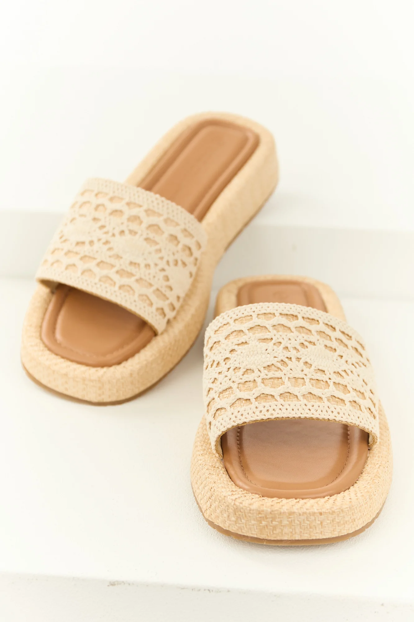 Light Sand Crochet Raffia Platform Slip-On Sandals