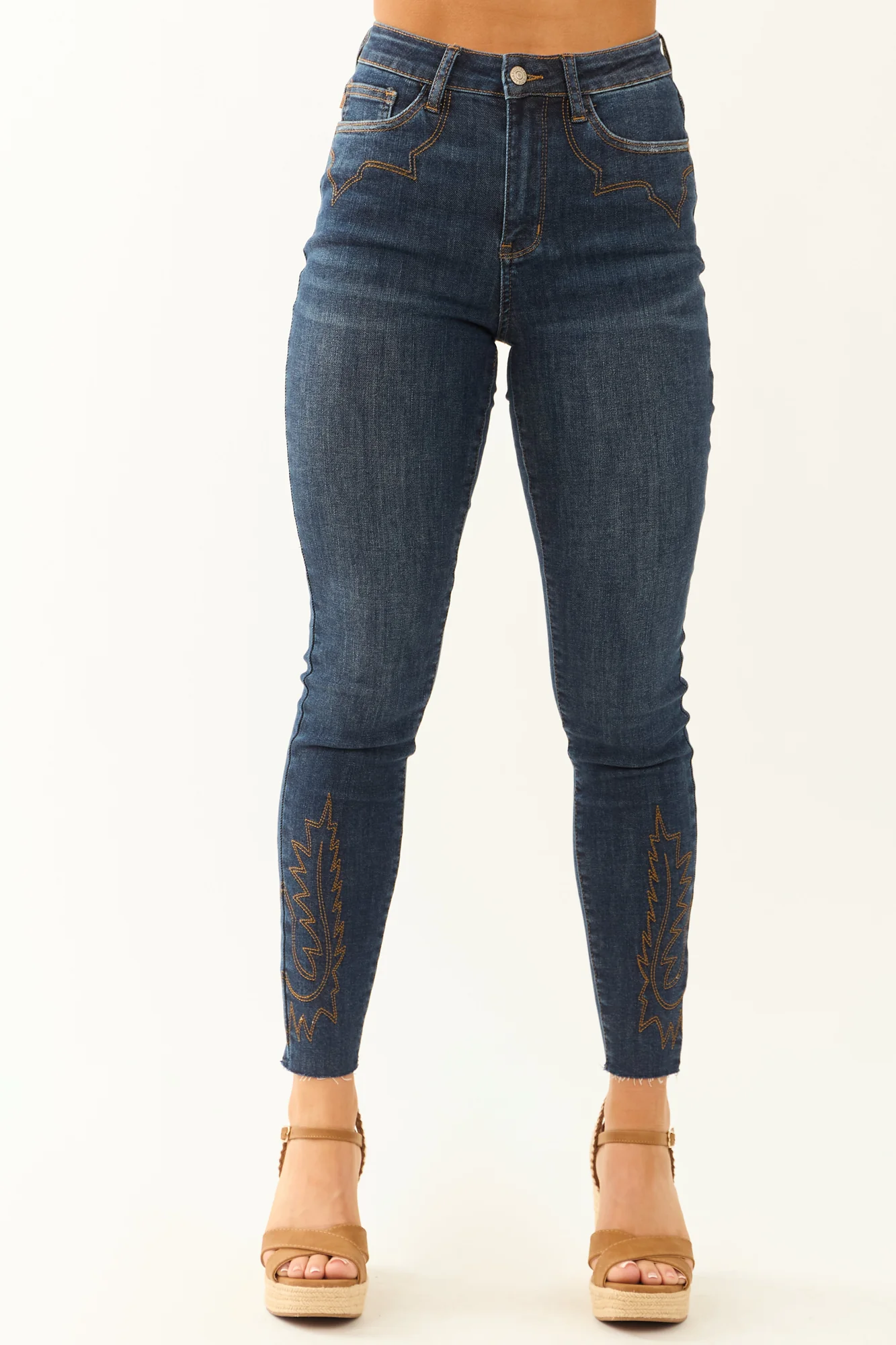Dark Wash Stretchy Embroidered Skinny Jeans with Western Details
