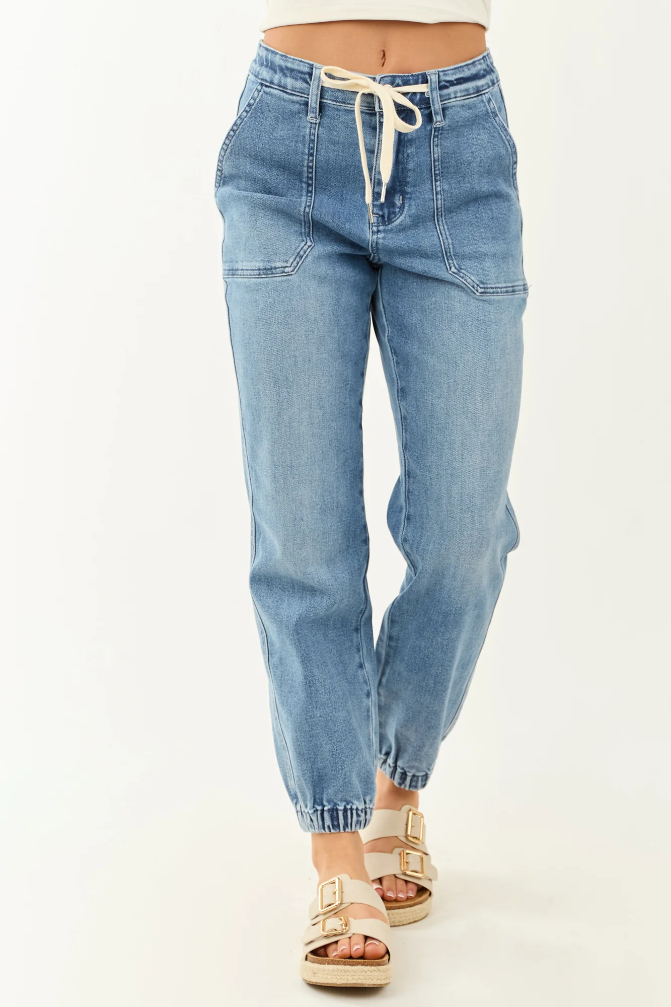High Rise Denim Jogger Jeans with Drawstring Waistband
