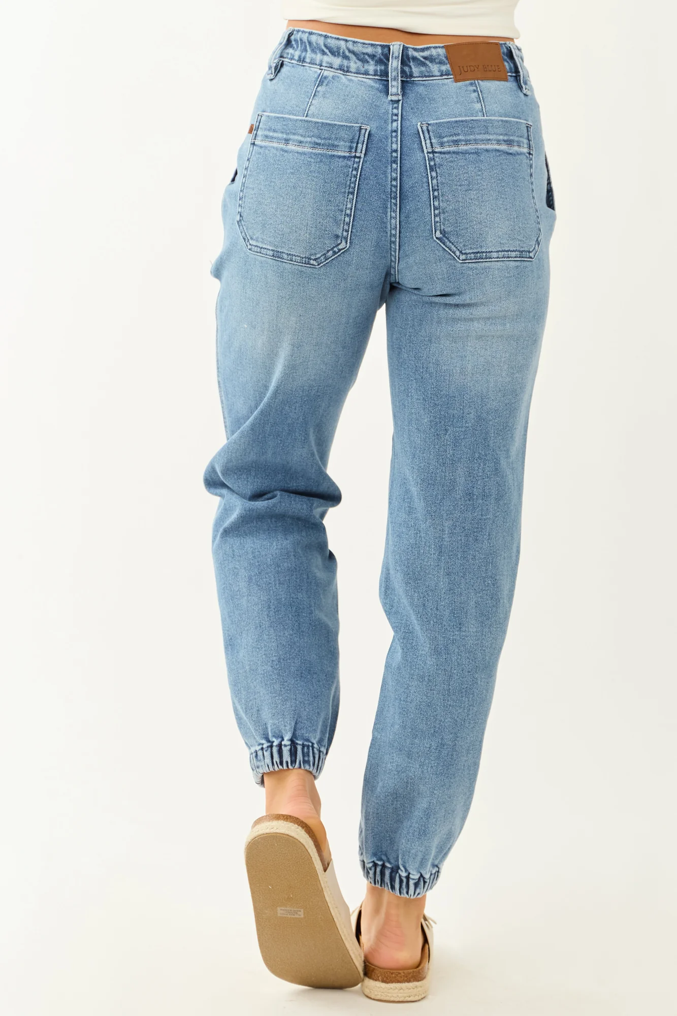 High Rise Denim Jogger Jeans with Drawstring Waistband