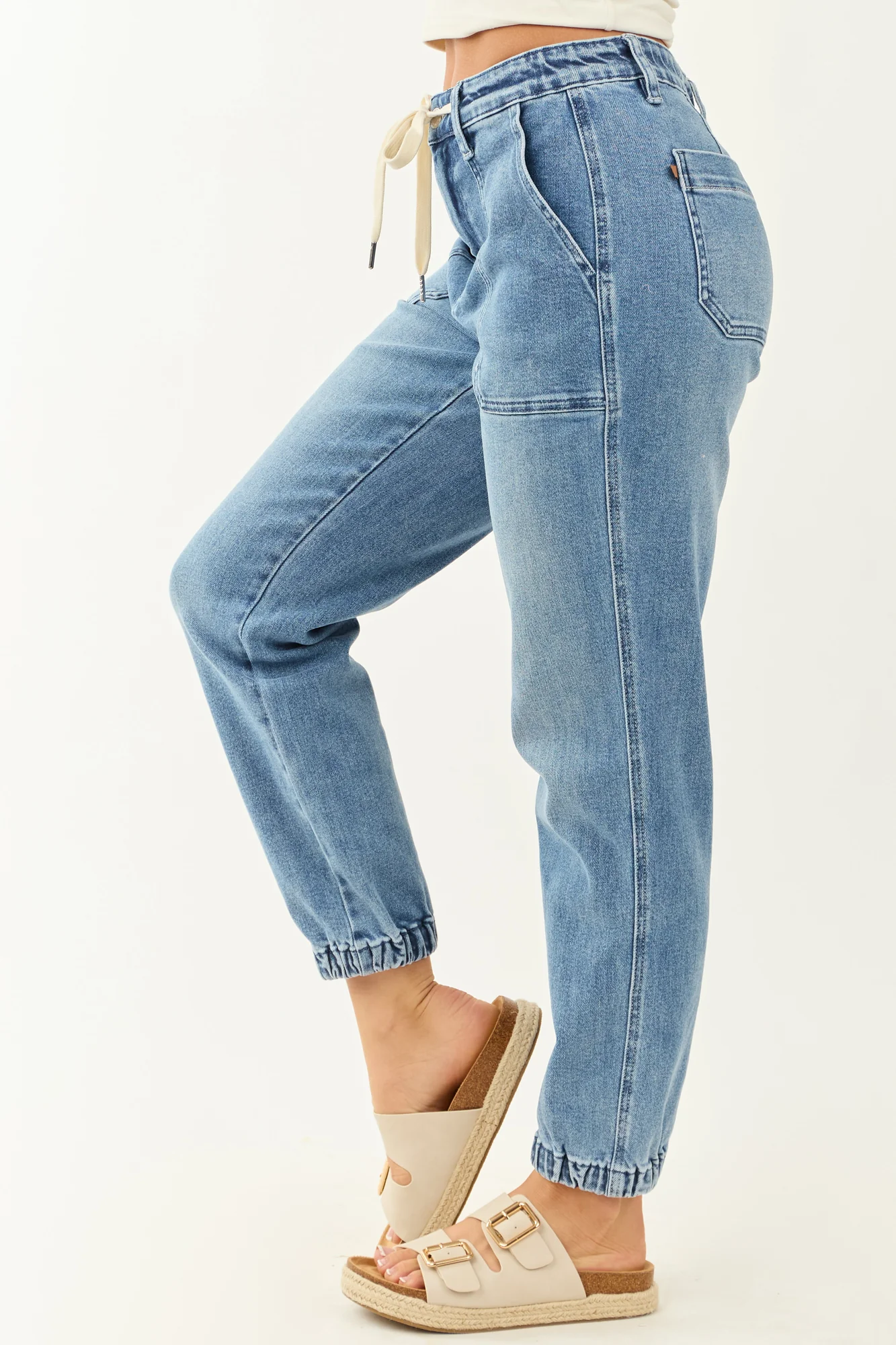 High Rise Denim Jogger Jeans with Drawstring Waistband
