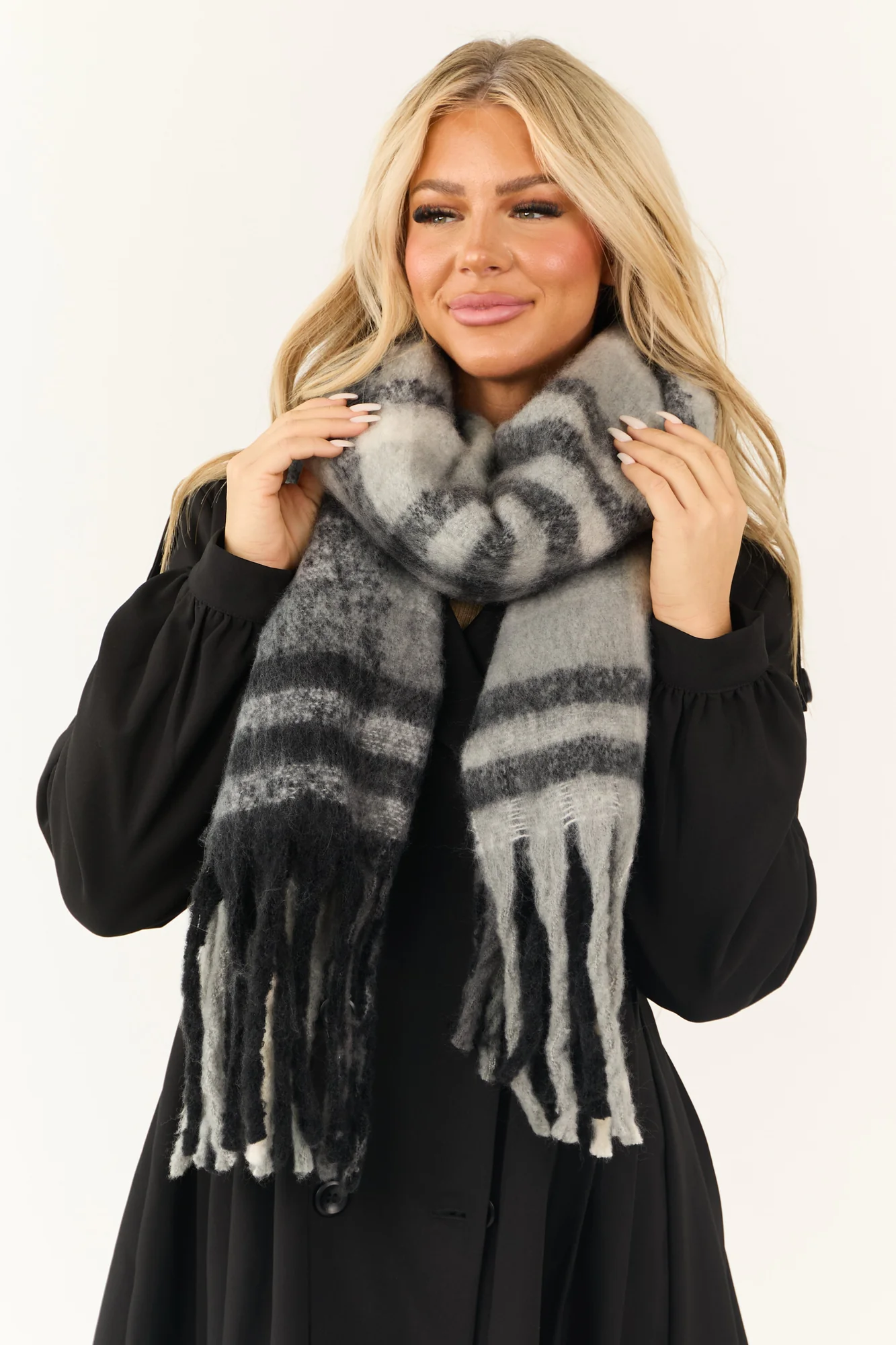 Oversized Black Plaid Fringed End Scarf