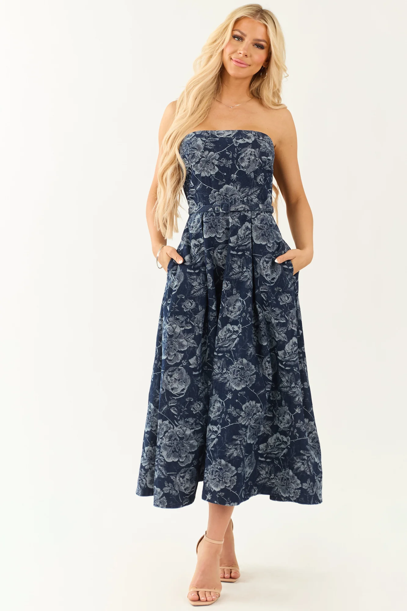 Floral Jacquard Print Denim Midi Dress in Slate Blue