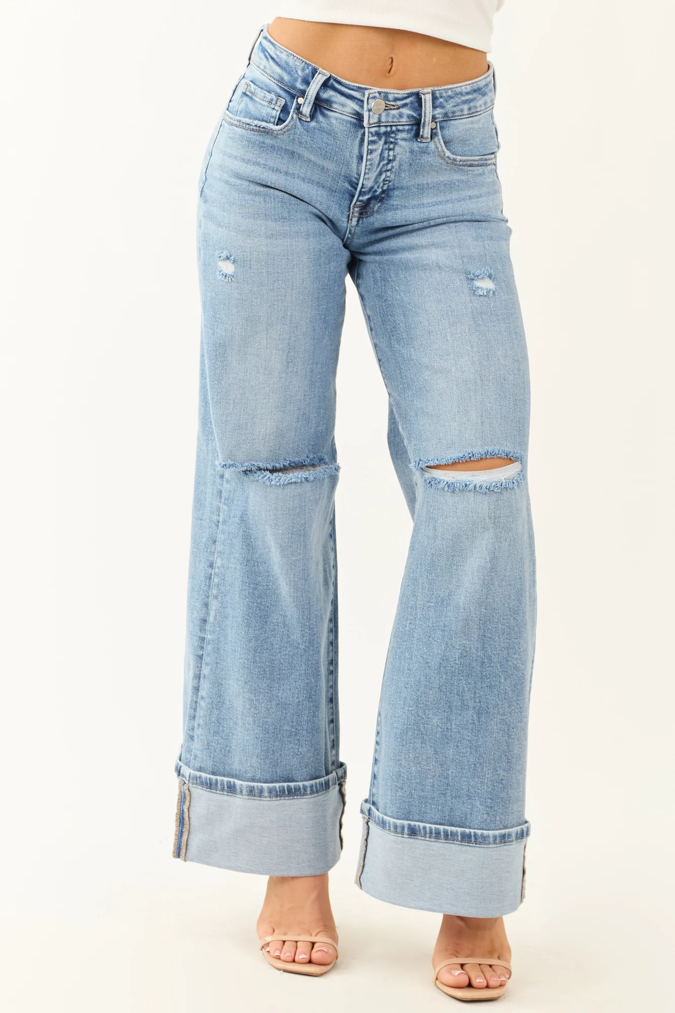 High Rise Medium Wash Wide Leg Jeans with Distressed Hem