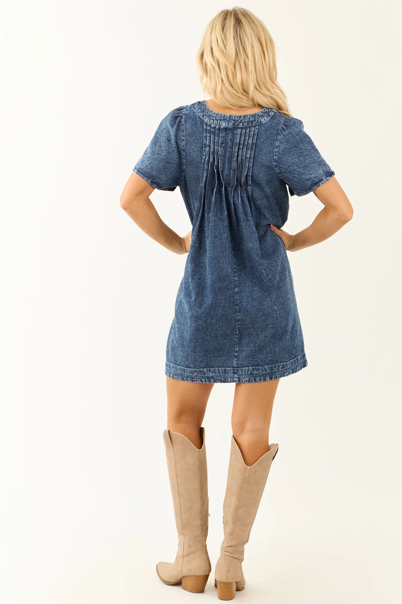 Blue Denim Pleated Bust Short Dress
