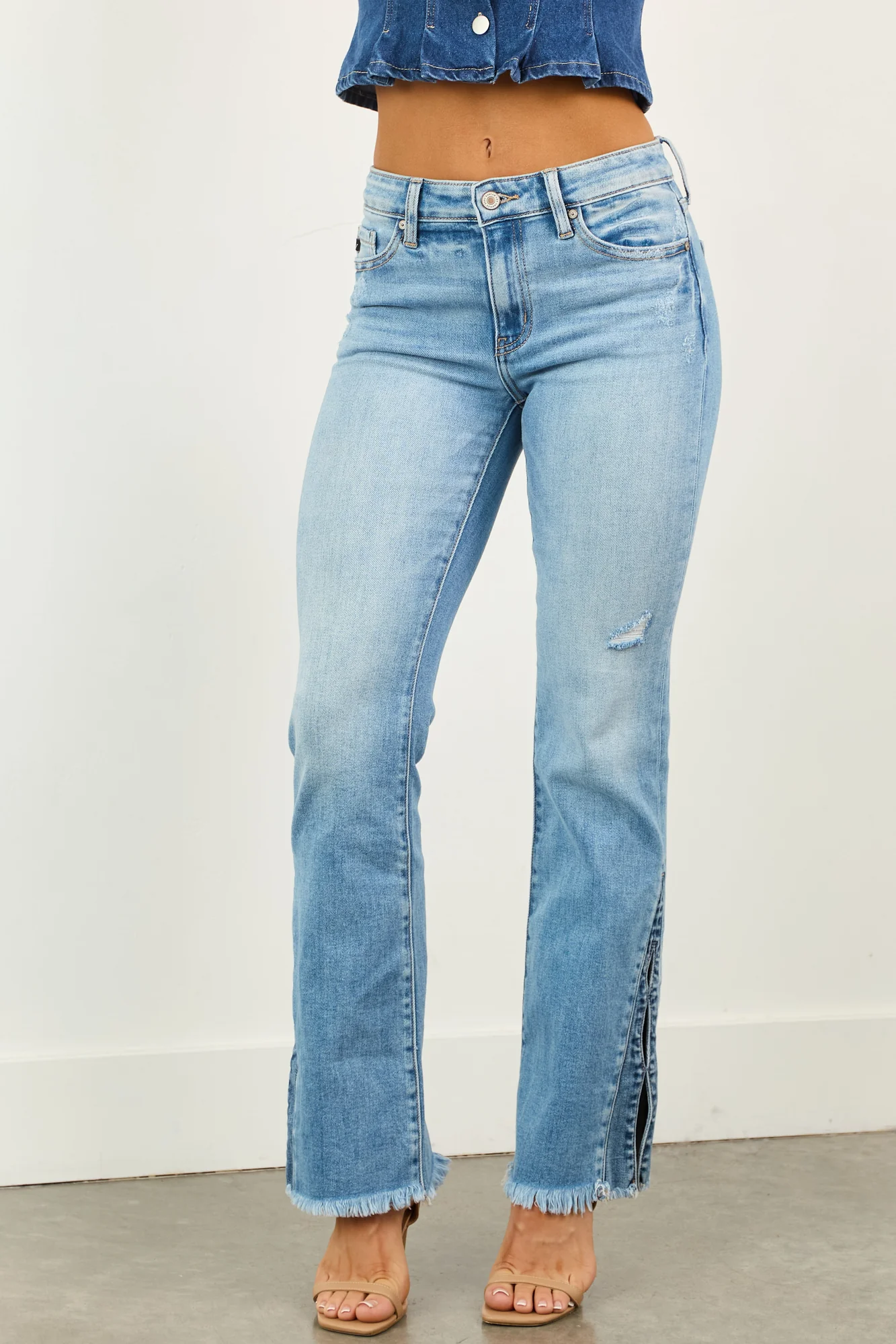 Mid Wash Stretchy Bootcut Jeans with Side Hem Slit Detail