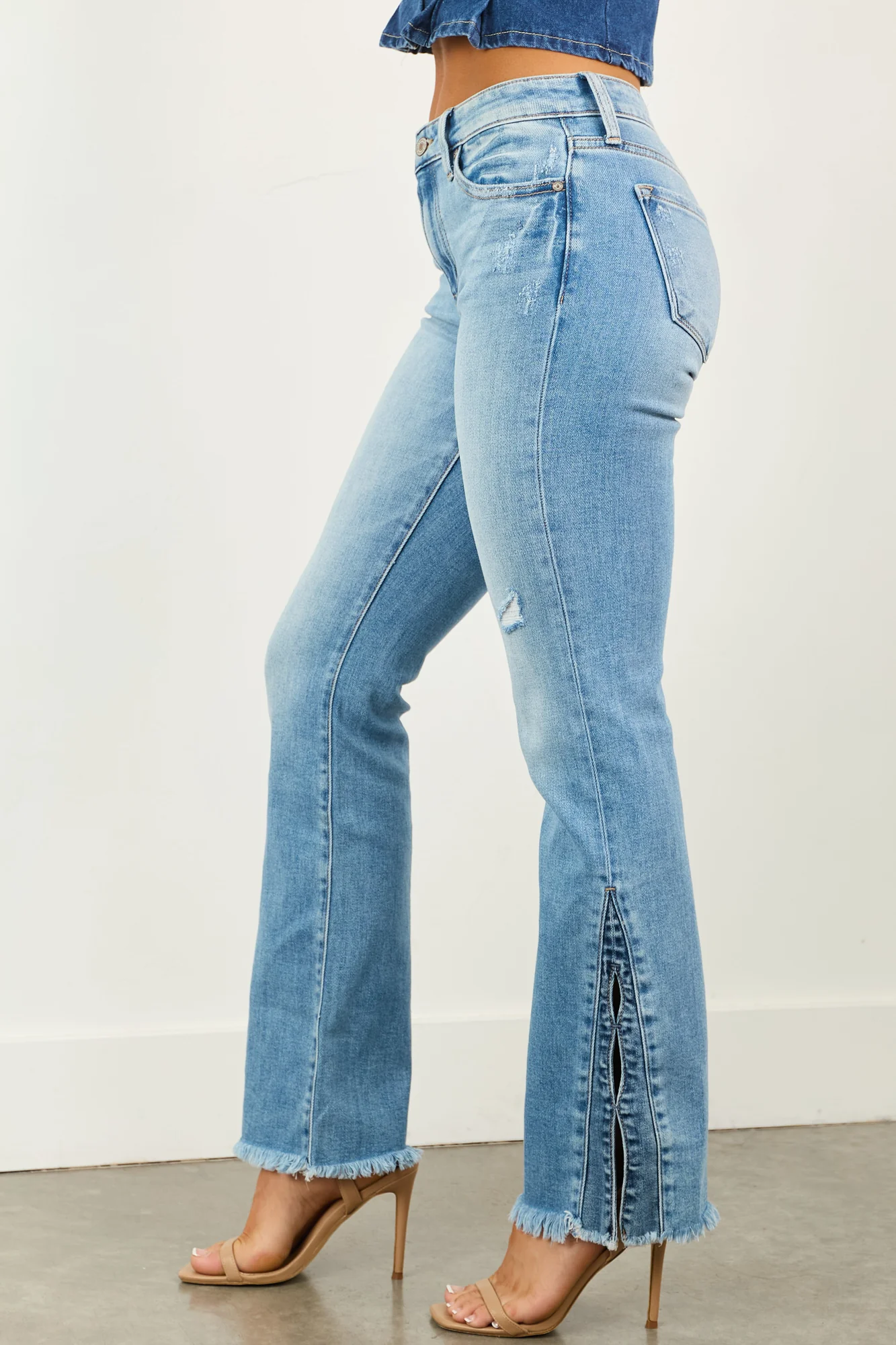 Mid Wash Stretchy Bootcut Jeans with Side Hem Slit Detail