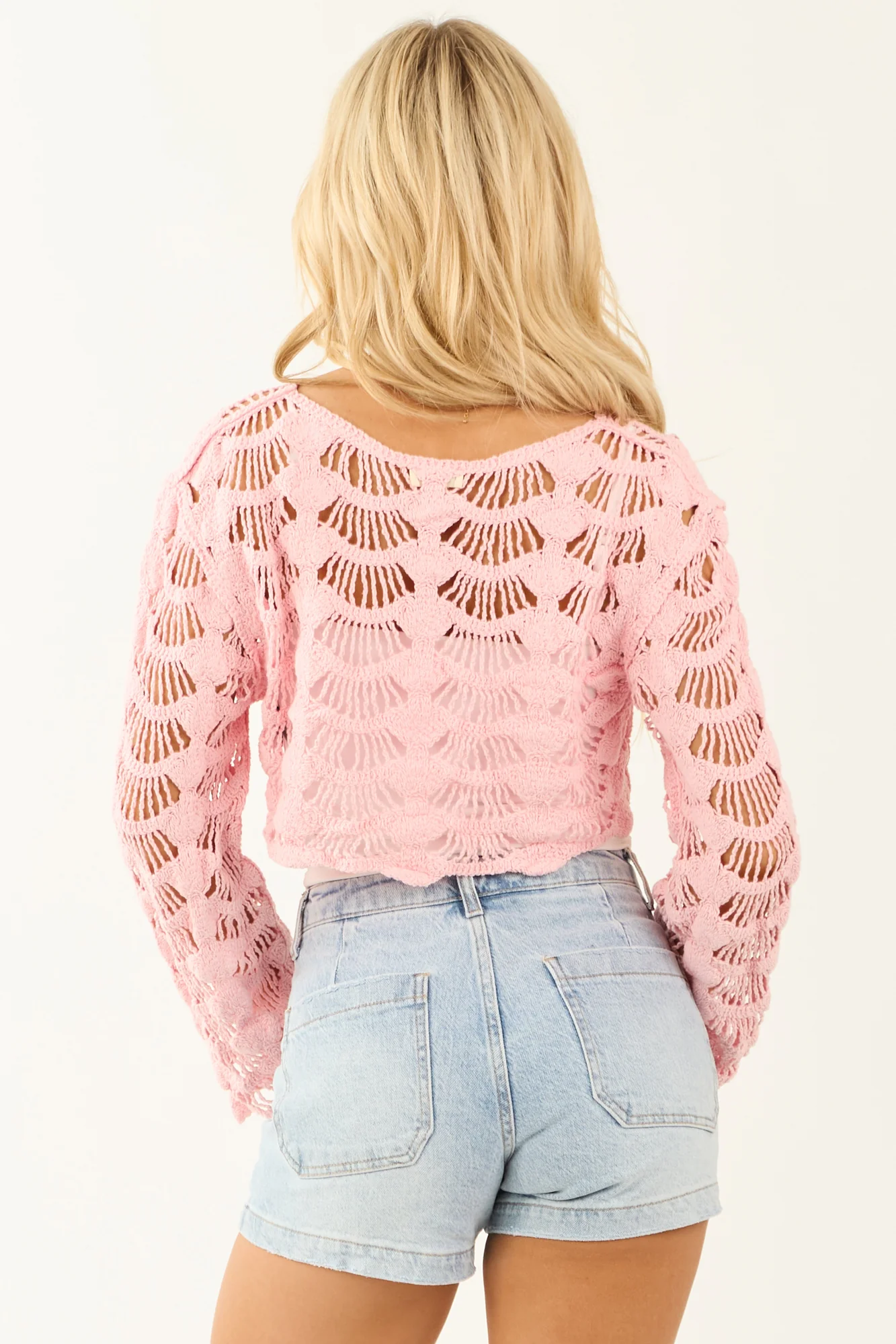 Baby Pink Crochet Cropped Top - Oversized Long Sleeve