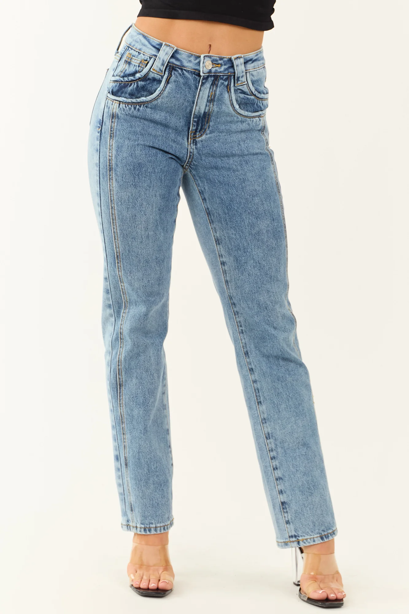 High Waist Medium Wash Straight Leg Denim Jeans