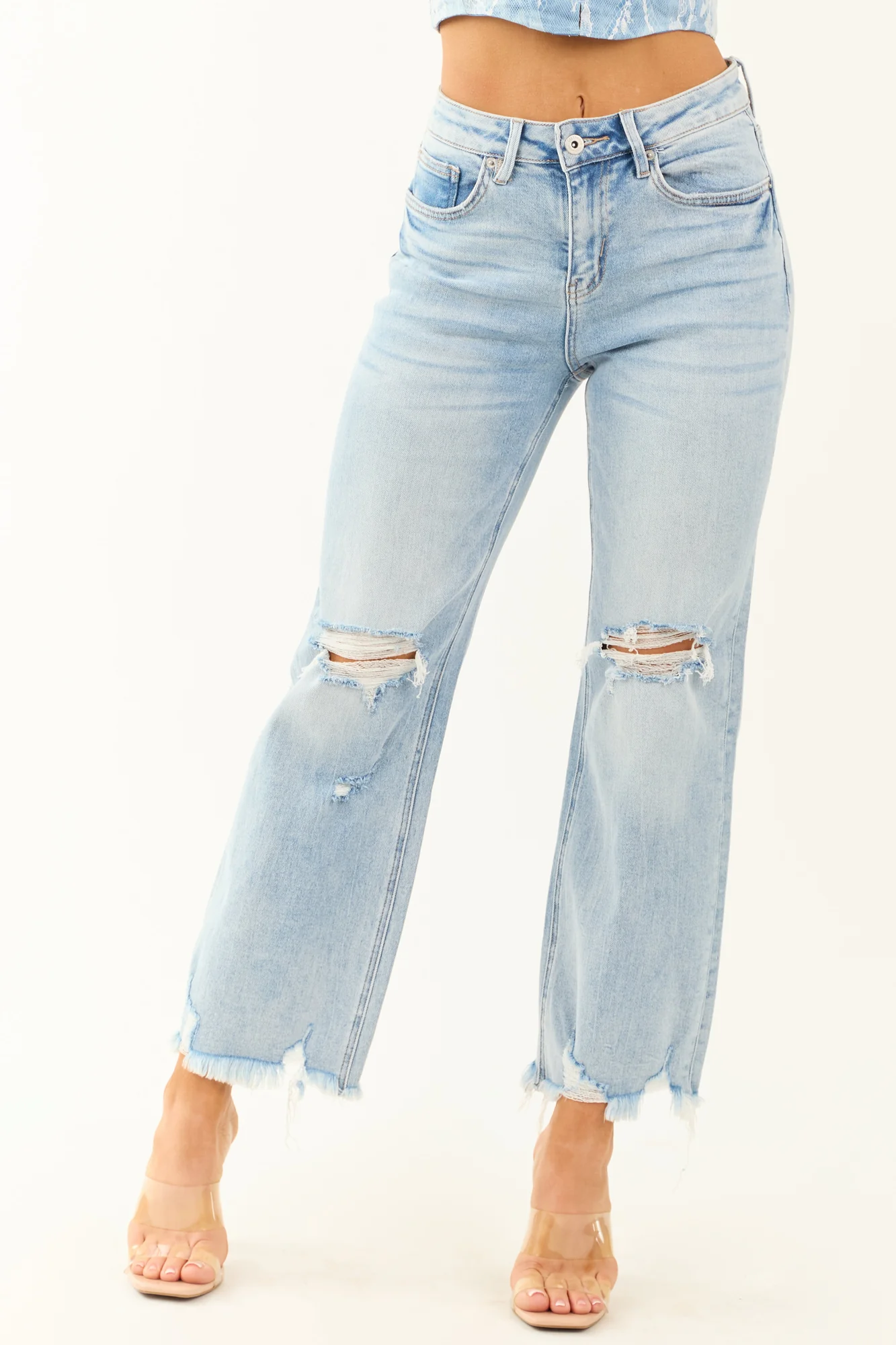 Light Wash Stretchy Straight Jeans - Distressed Denim with High Rise