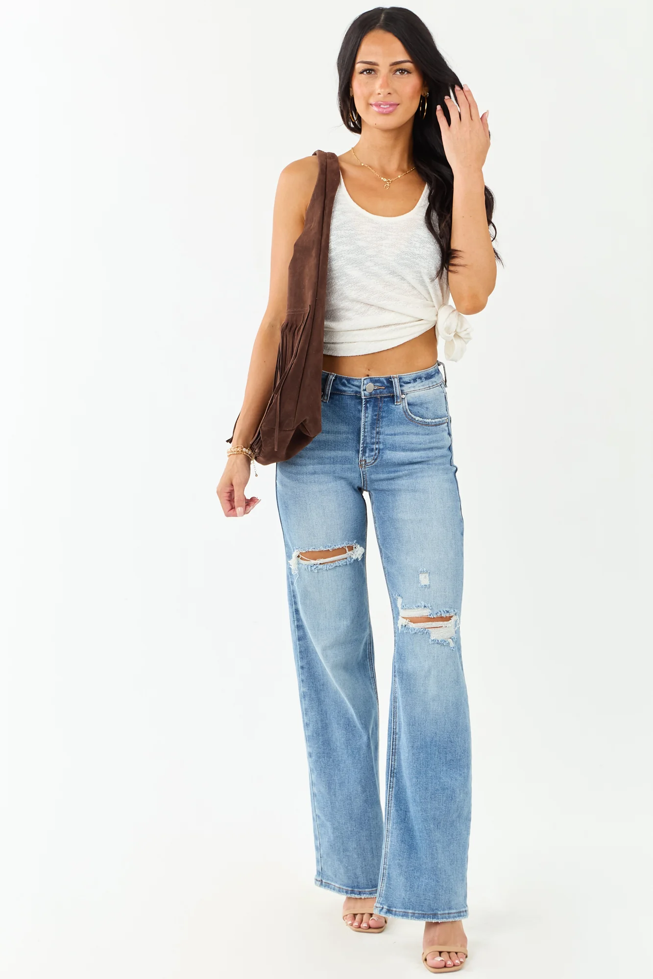 Distressed Medium Wash Wide Leg Denim Jeans