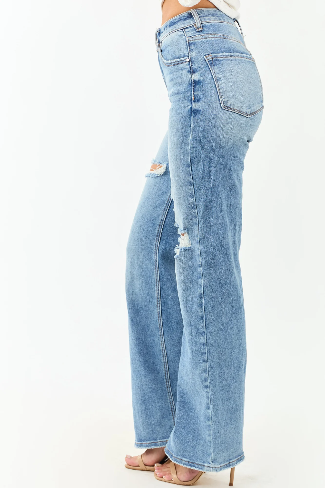 Distressed Medium Wash Wide Leg Denim Jeans