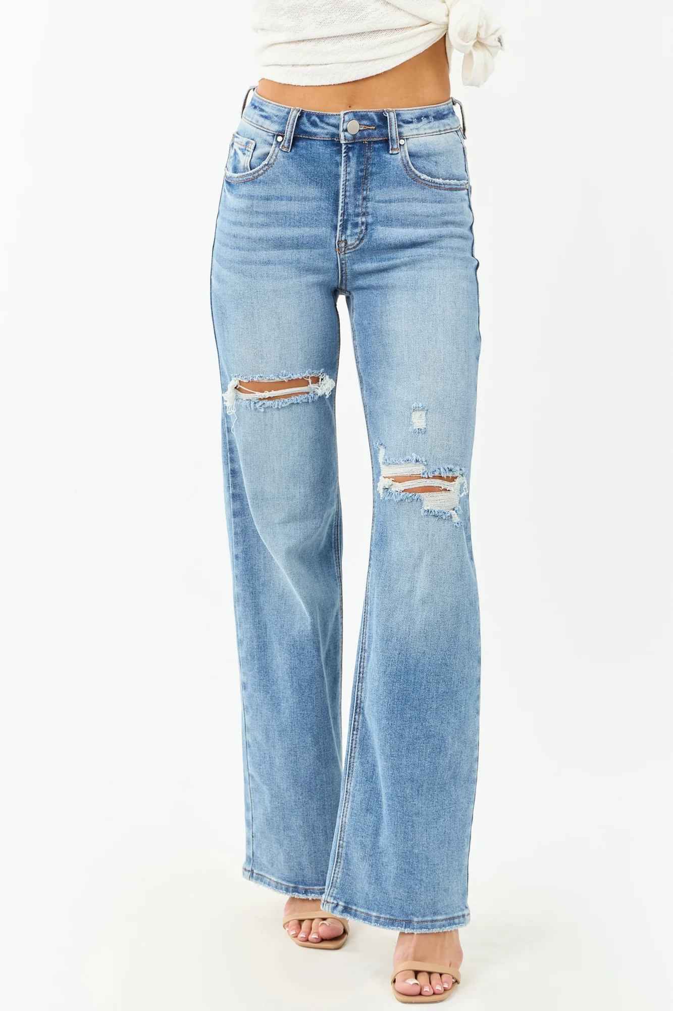 Distressed Medium Wash Wide Leg Denim Jeans