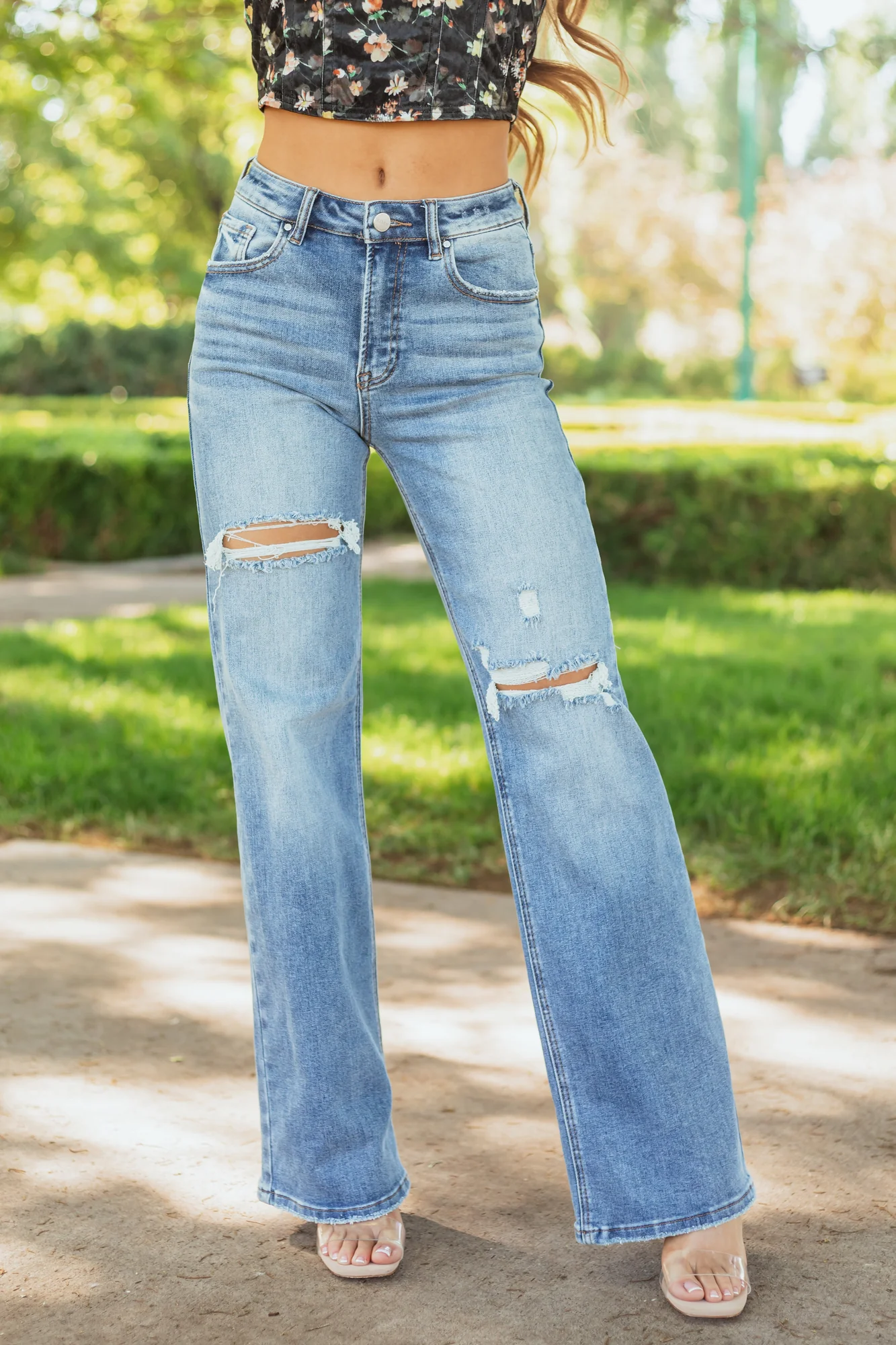 Distressed Medium Wash Wide Leg Denim Jeans