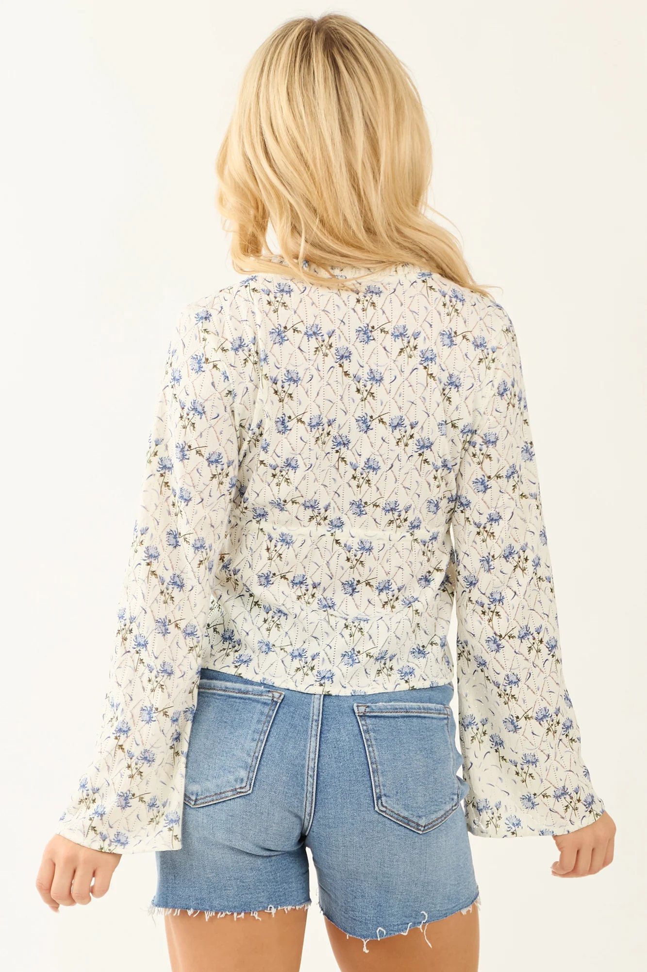 Ocean Powder Blue Dark Olive Floral Pattern Front Tie Top