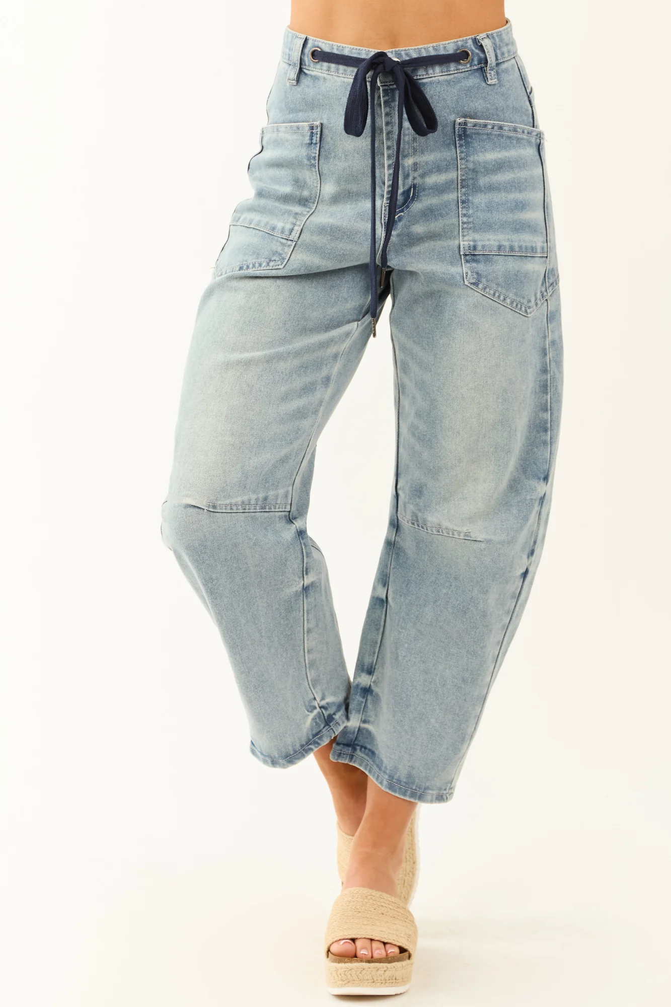 Relaxed Fit Navy Drawstring Barrel Jeans