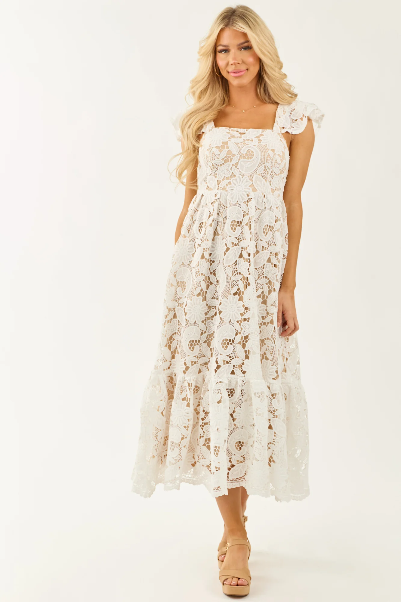 Off White Floral Crochet Lace Midi Dress
