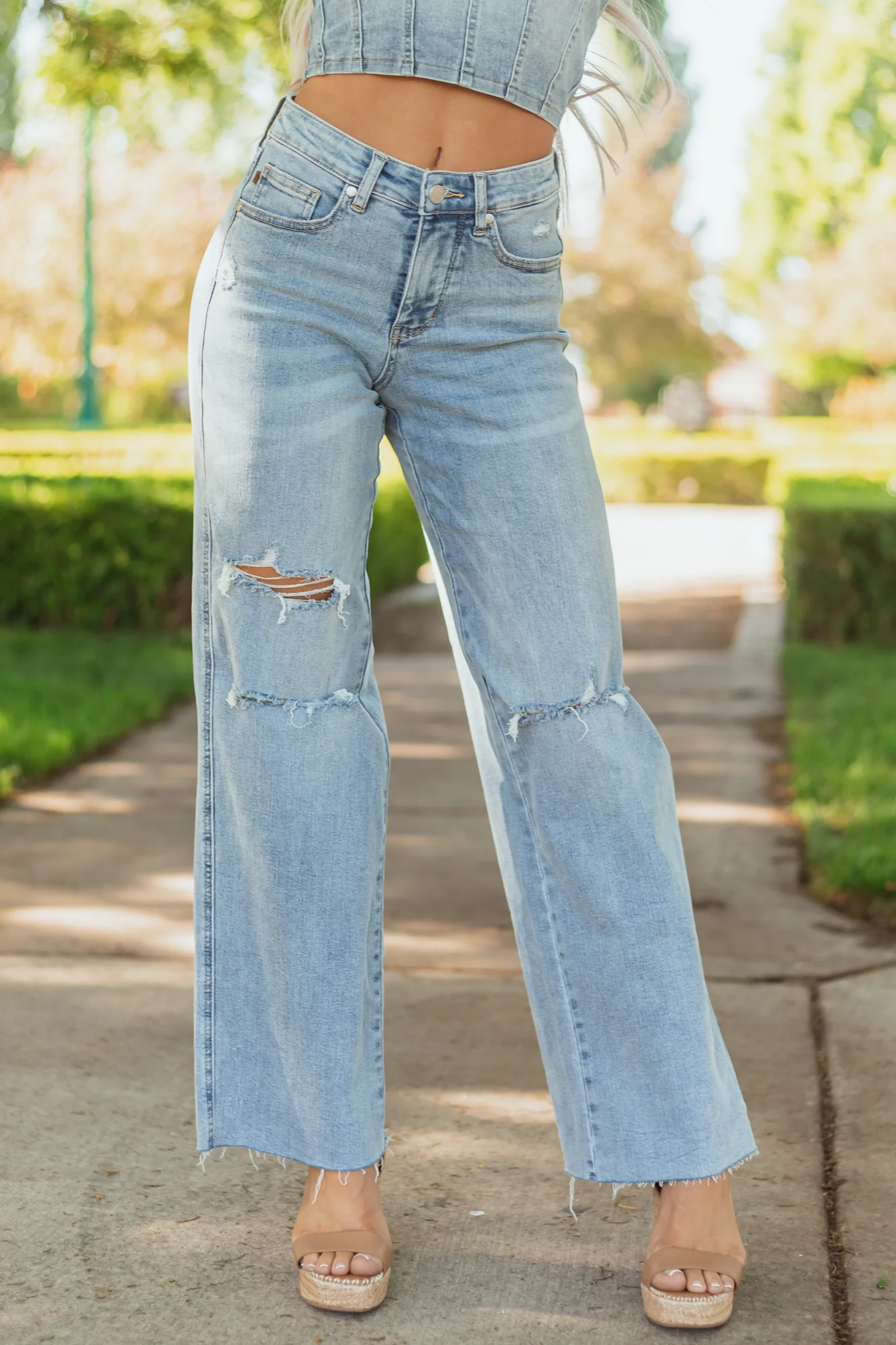 Light Wash Distressed Wide Leg High Rise Jeans