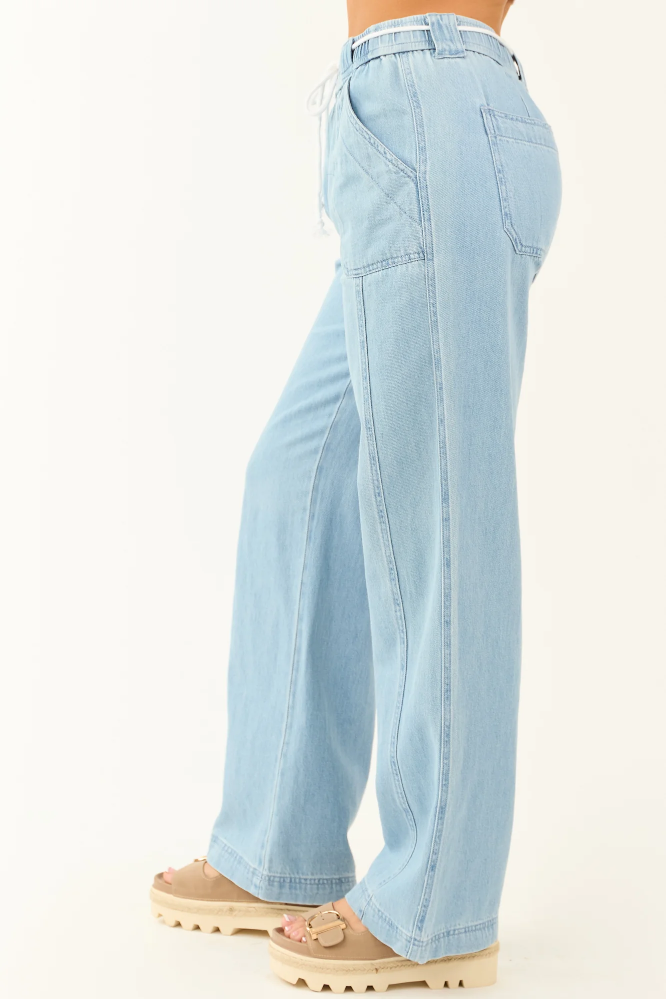 Light Wash Wide Leg High Waist Cotton Tie Jeans
