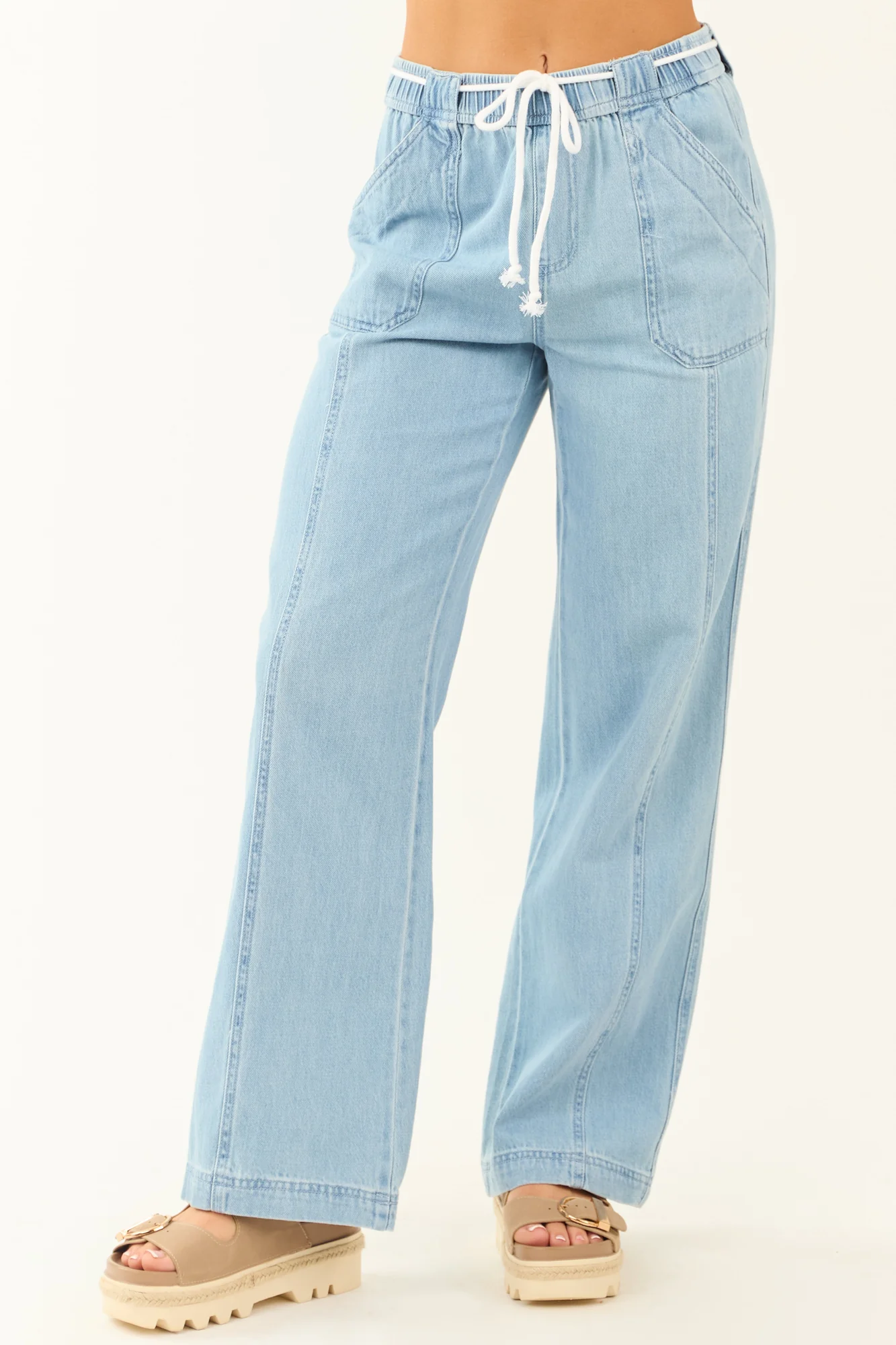 Light Wash Wide Leg High Waist Cotton Tie Jeans