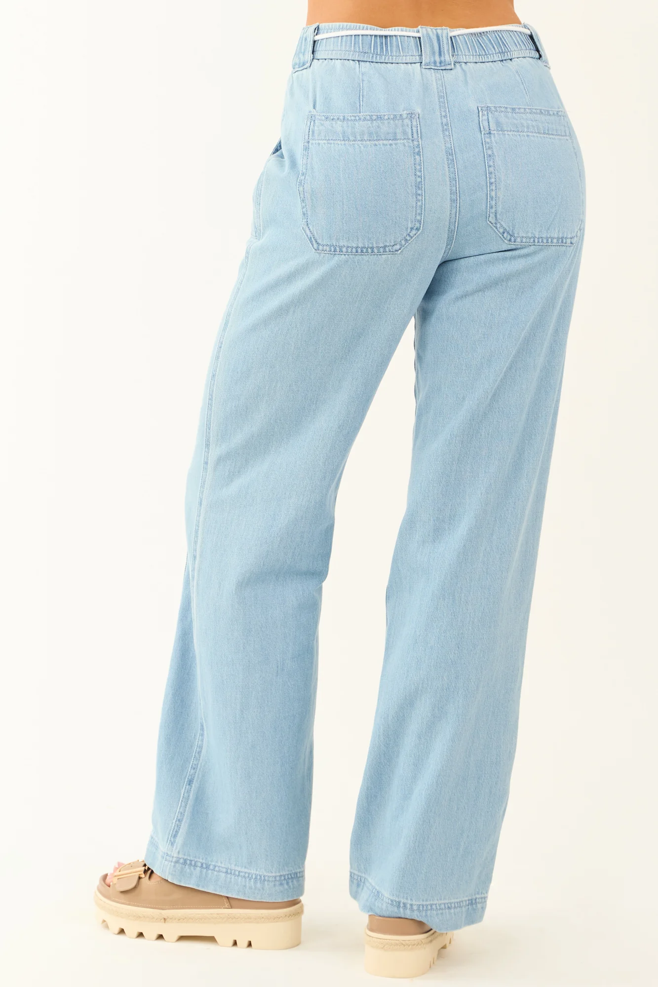 Light Wash Wide Leg High Waist Cotton Tie Jeans