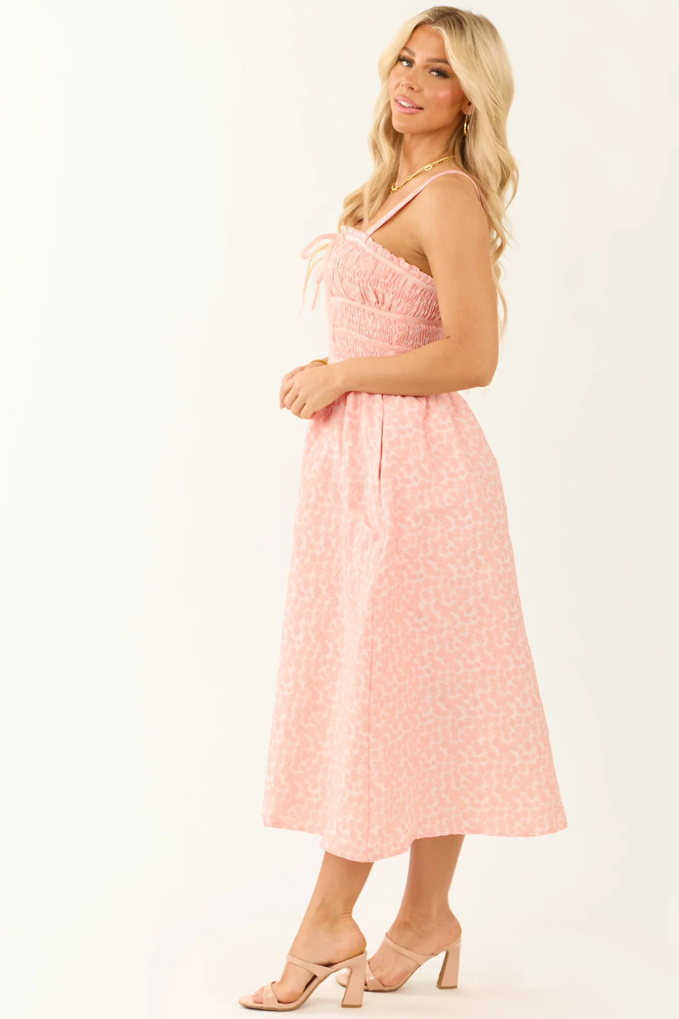 Floral Smocked Midi Dress in Punch and Blush Colors