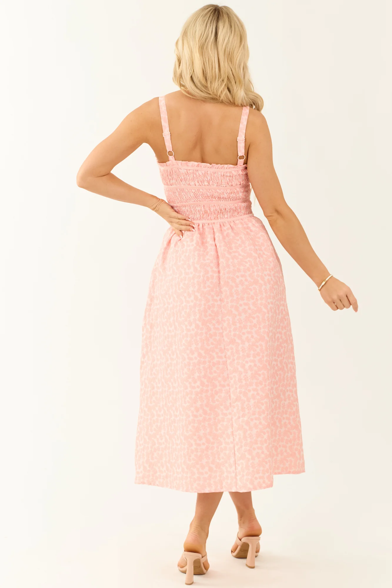 Floral Smocked Midi Dress in Punch and Blush Colors