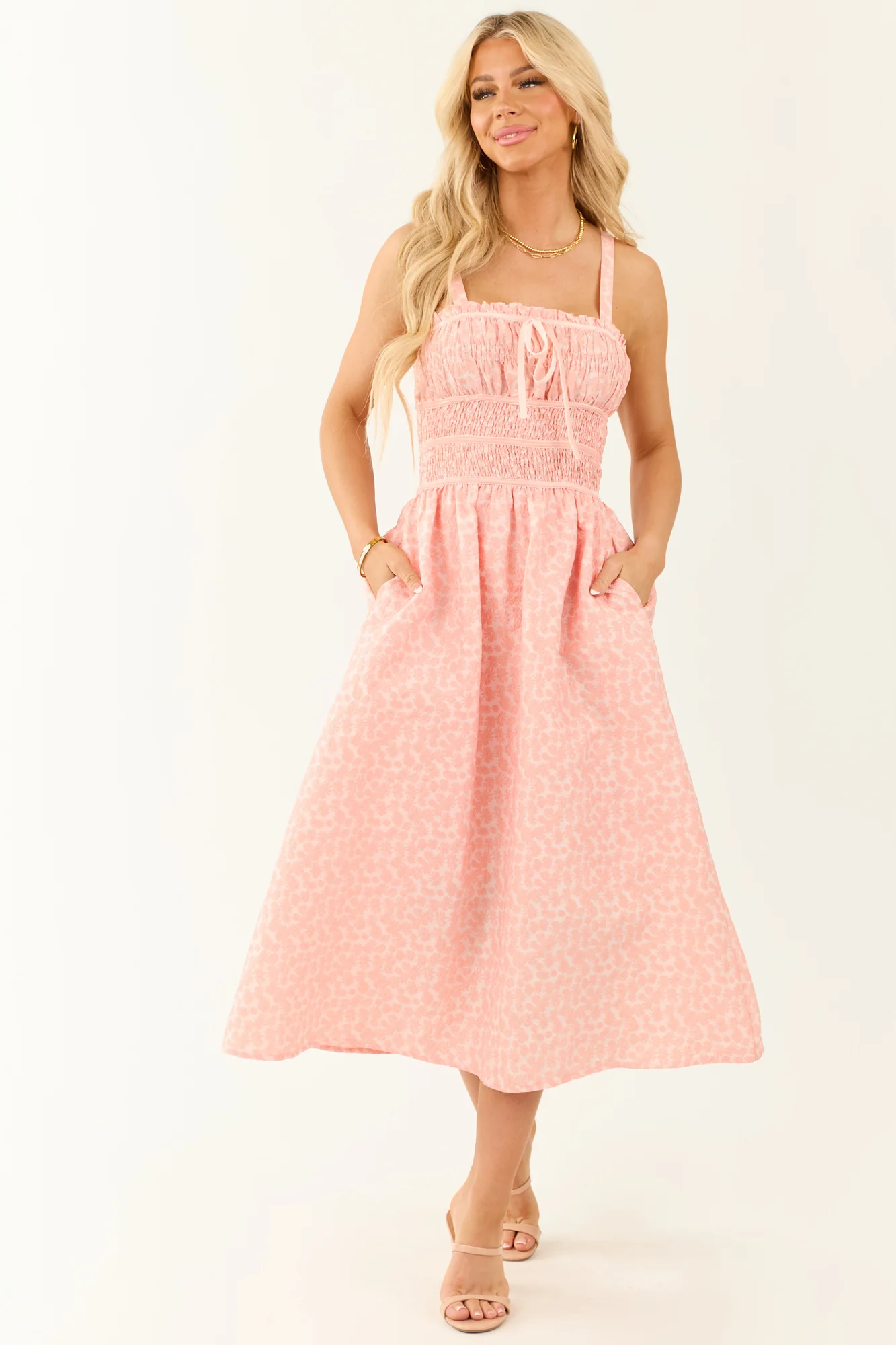 Floral Smocked Midi Dress in Punch and Blush Colors