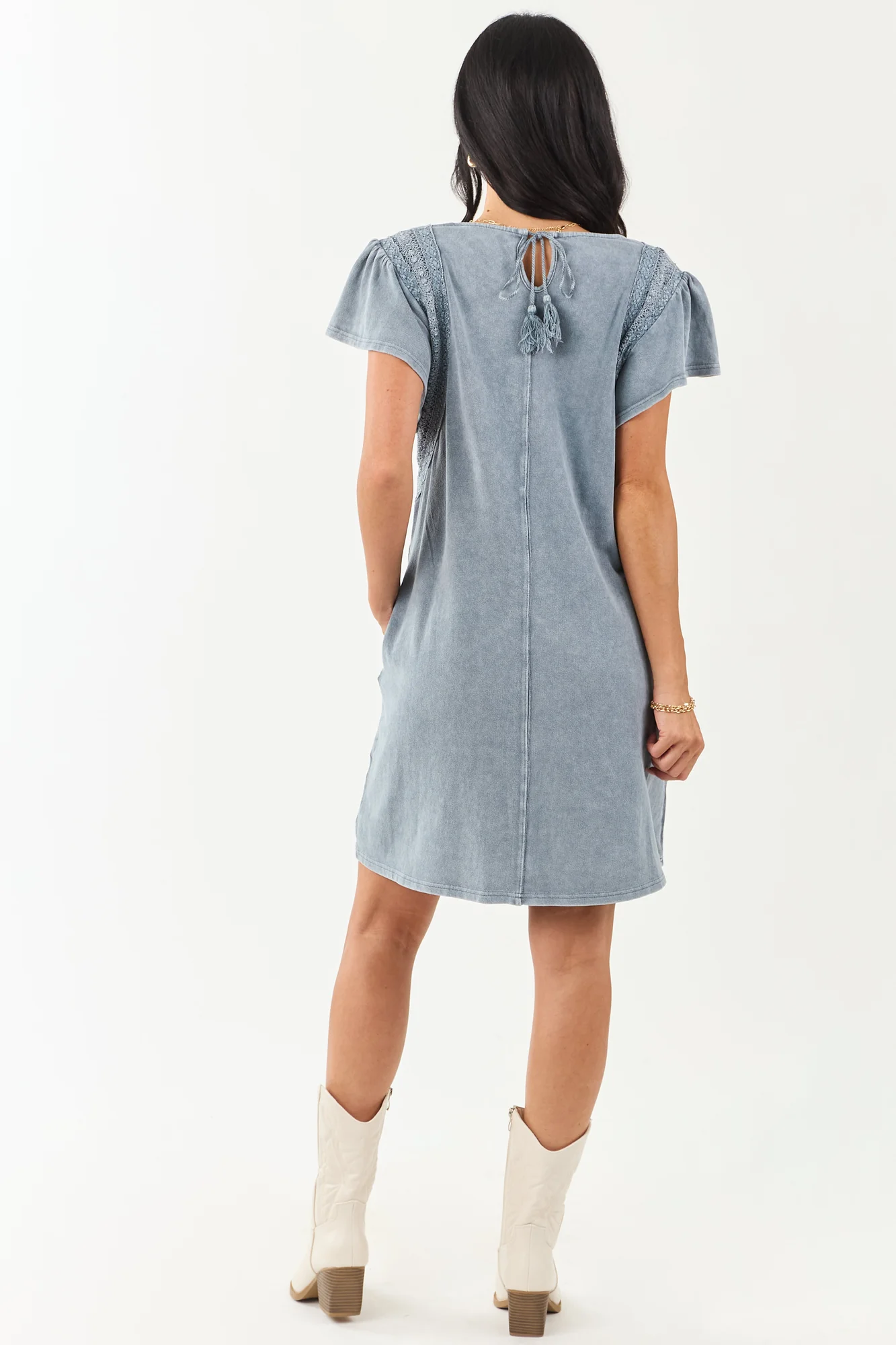 Slate Blue Ruffle Mini Dress with Lace Detail