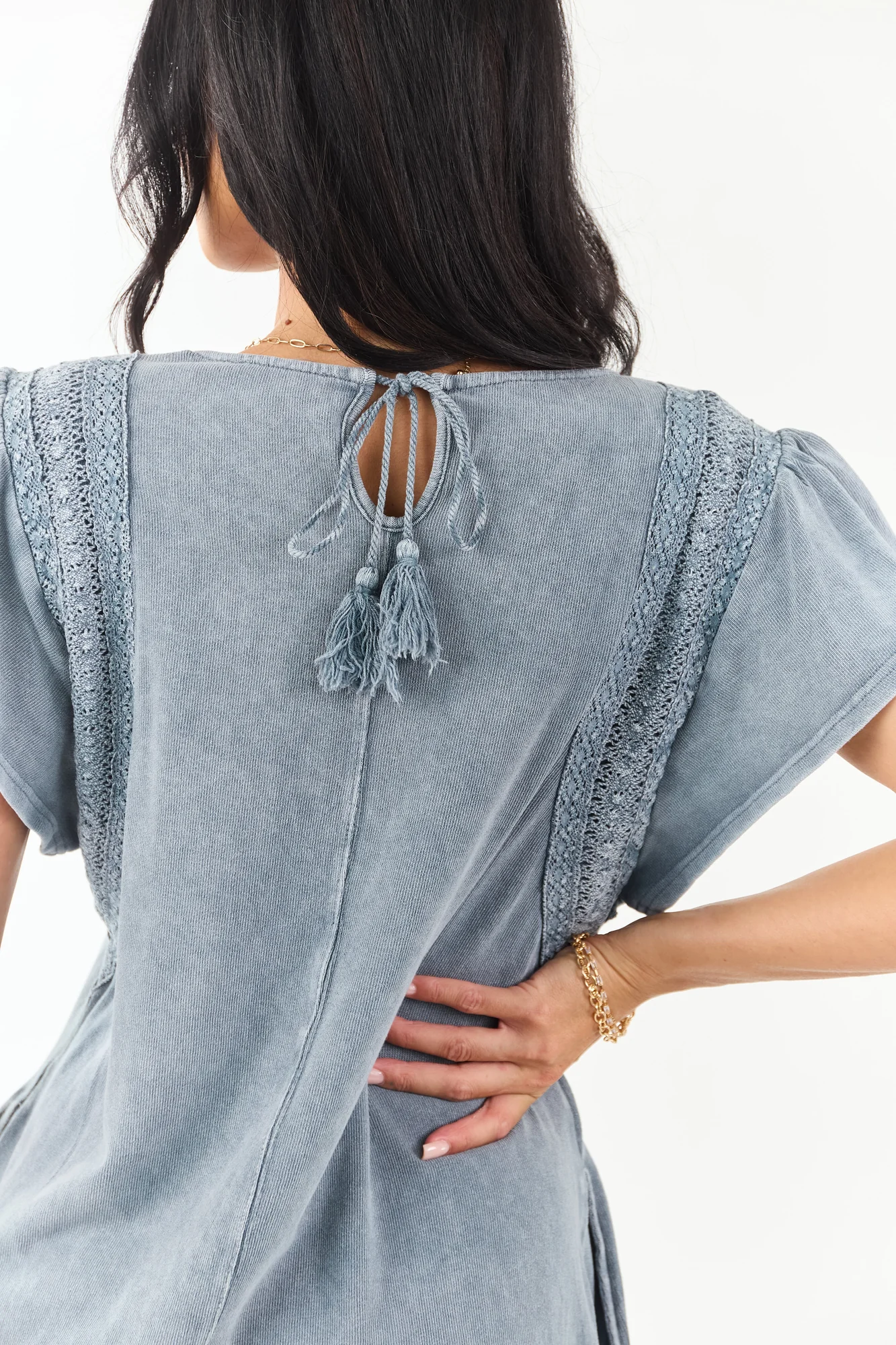 Slate Blue Ruffle Mini Dress with Lace Detail