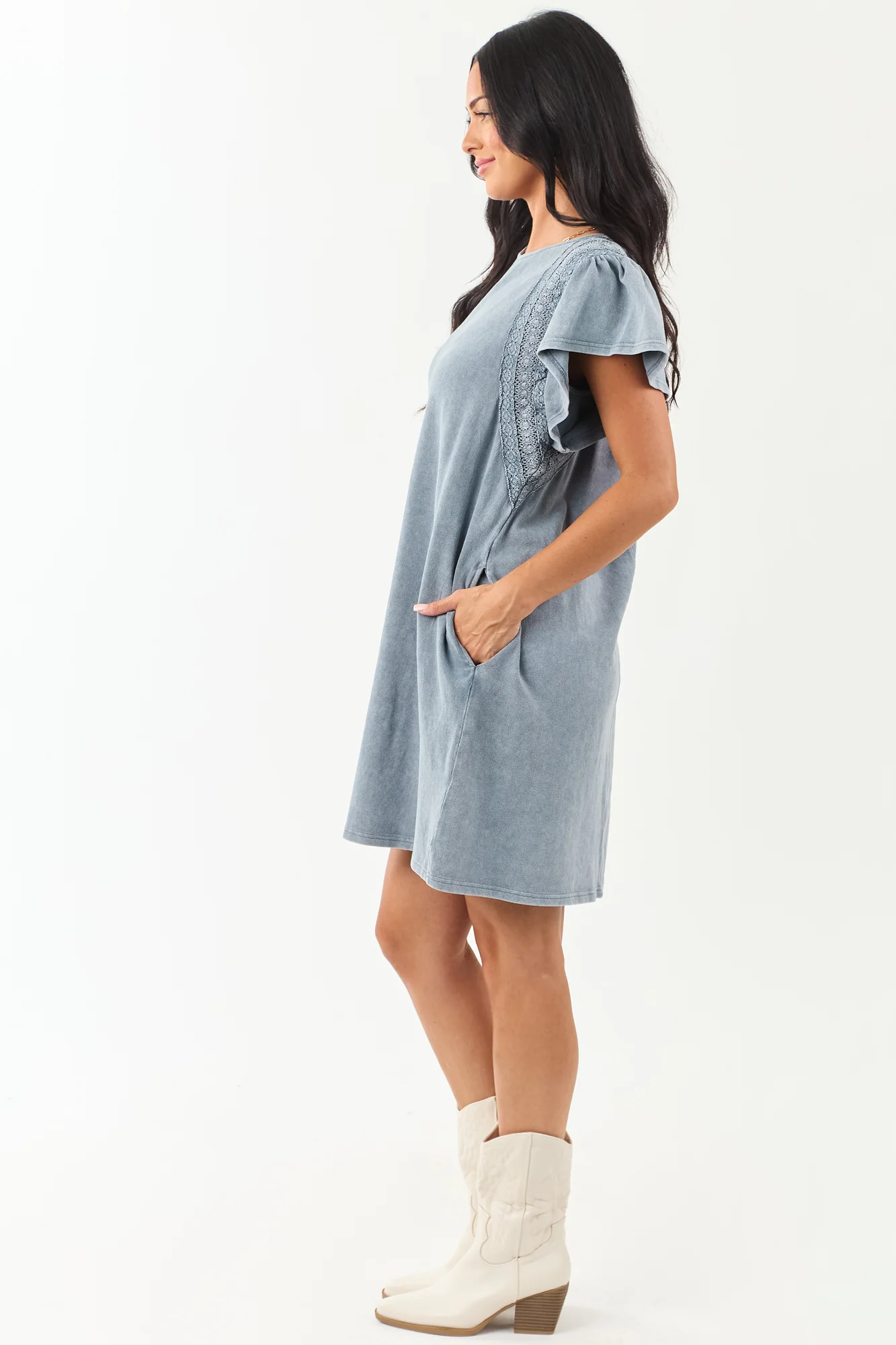 Slate Blue Ruffle Mini Dress with Lace Detail