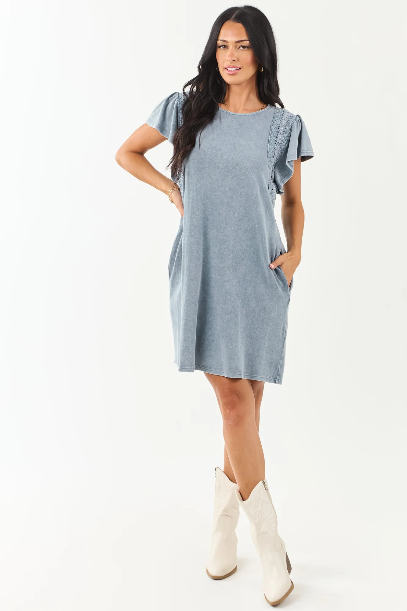 Slate Blue Ruffle Mini Dress with Lace Detail