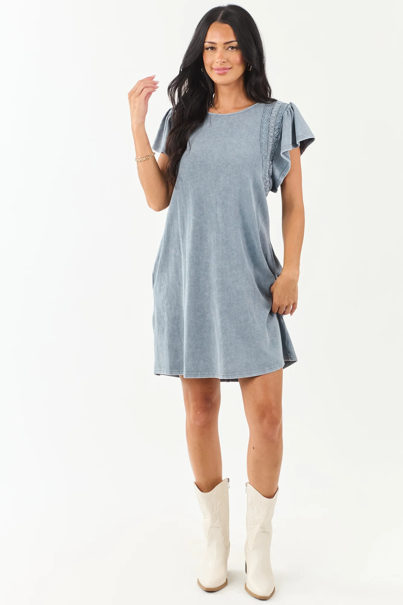 Slate Blue Ruffle Mini Dress with Lace Detail