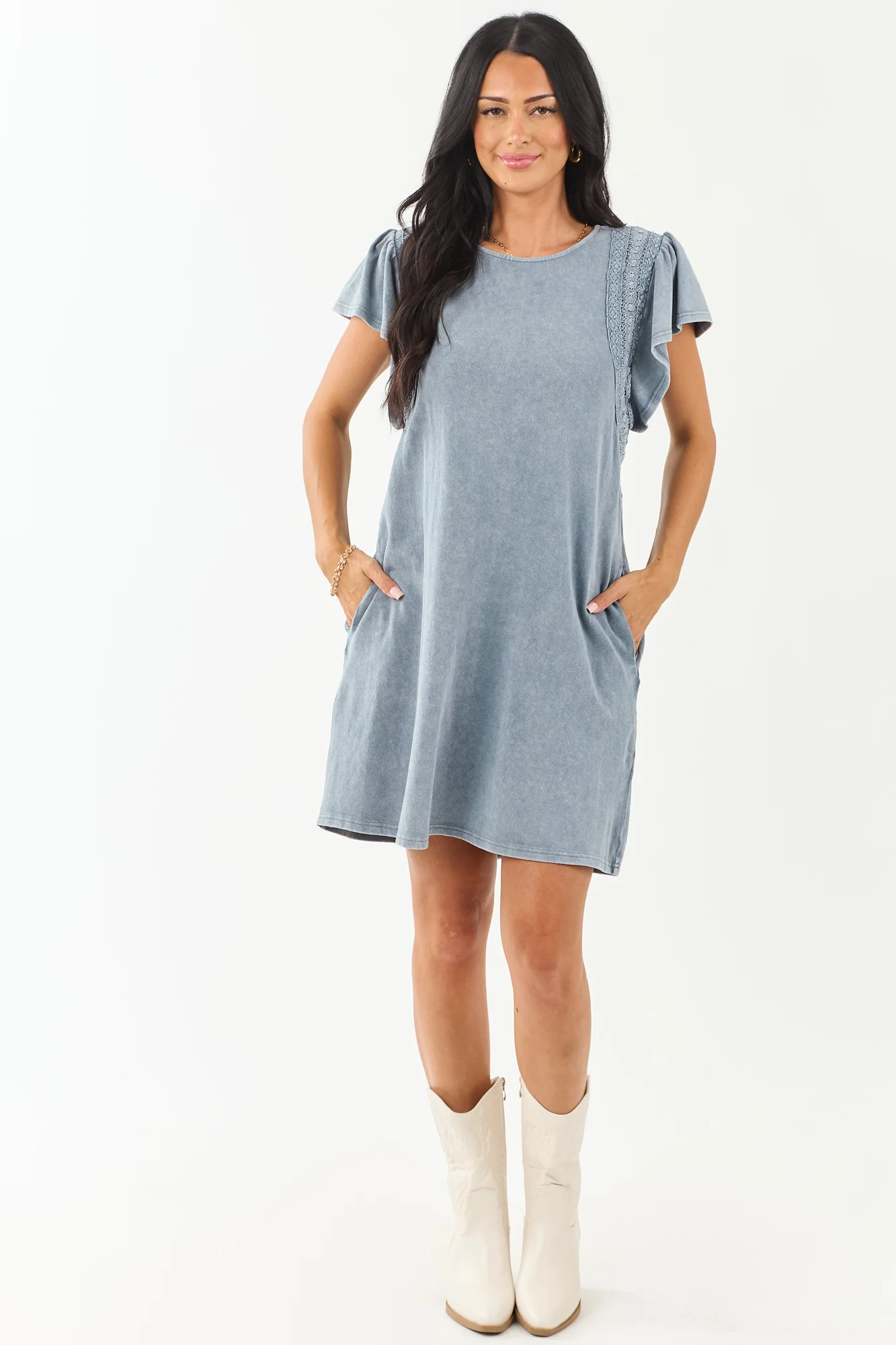 Slate Blue Ruffle Mini Dress with Lace Detail