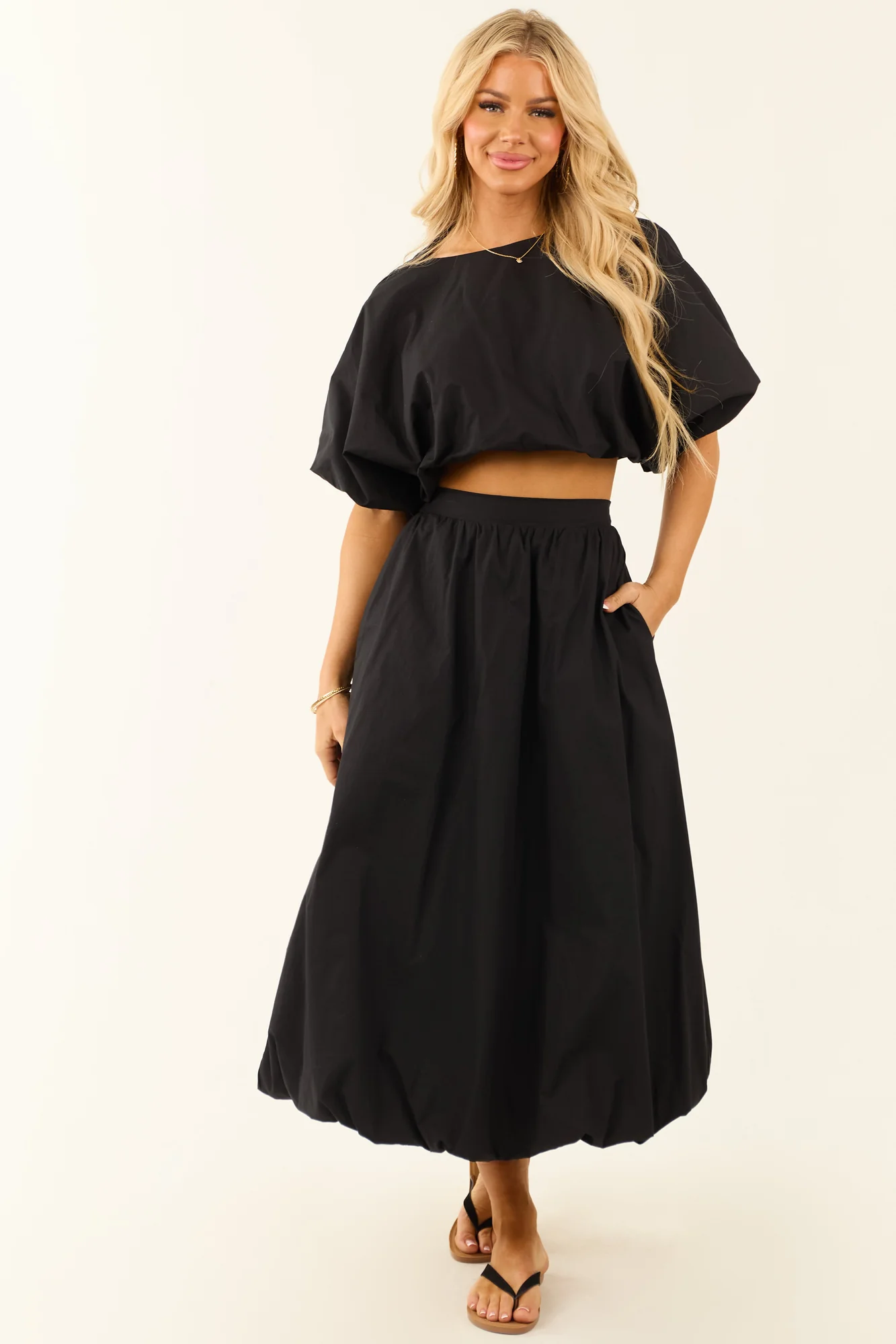 Black Cotton Poplin Square Neck Skirt Set