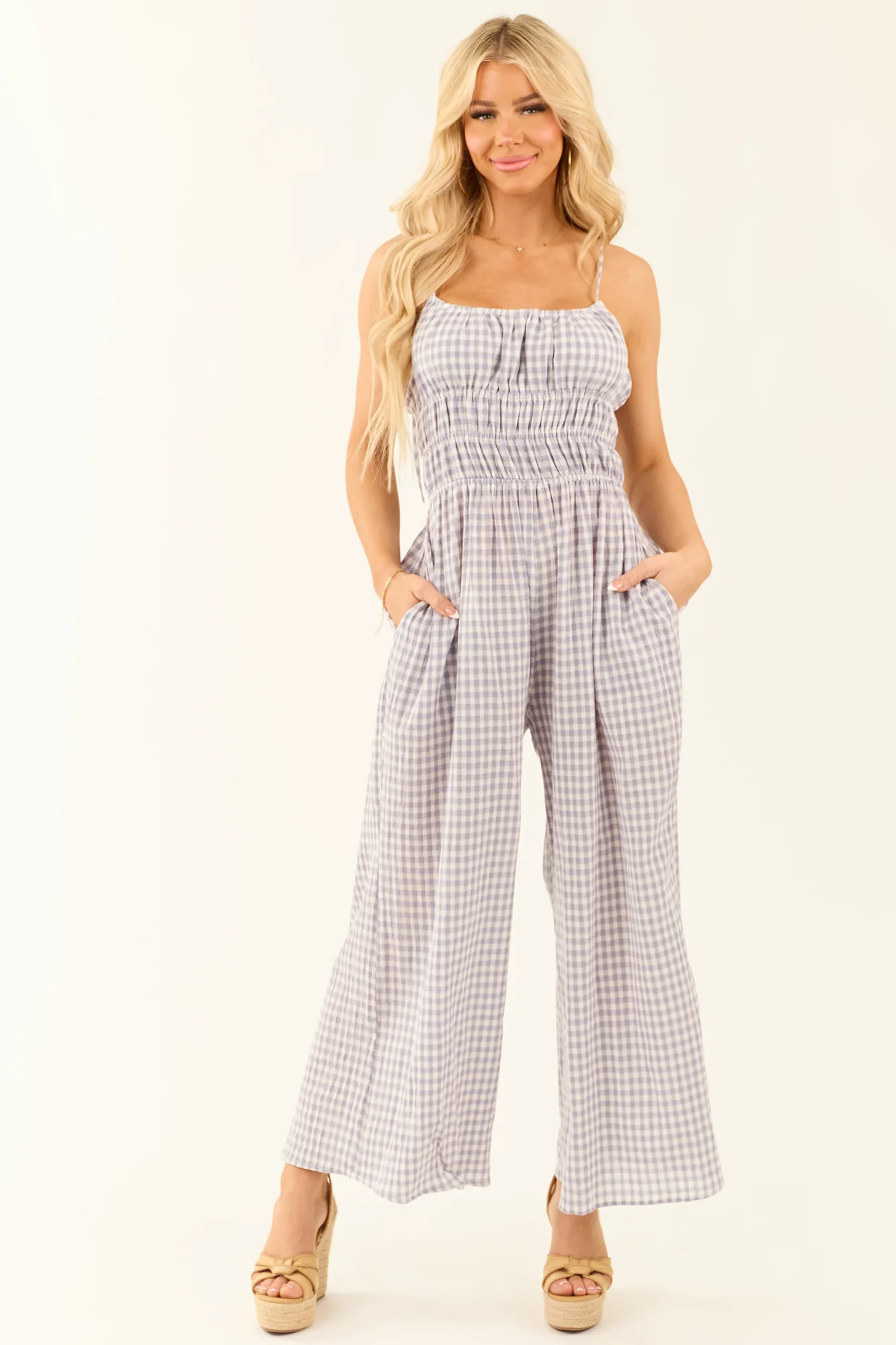 Slate Blue Gingham Wide Leg Jumpsuit Sleeveless Stylish Outfit