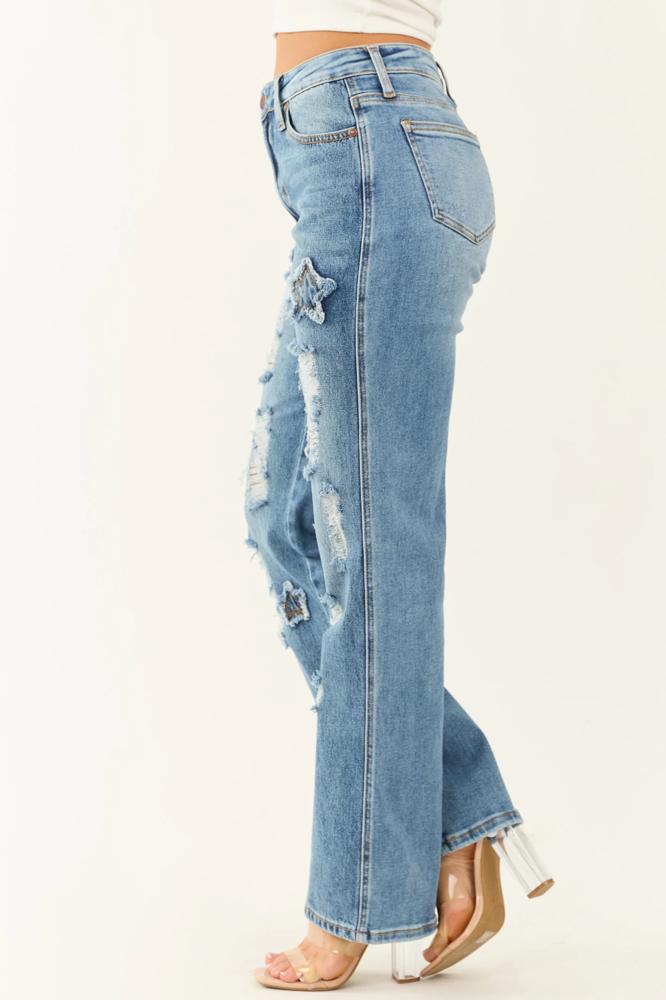 Medium Wash Straight Leg Star Patch Jeans