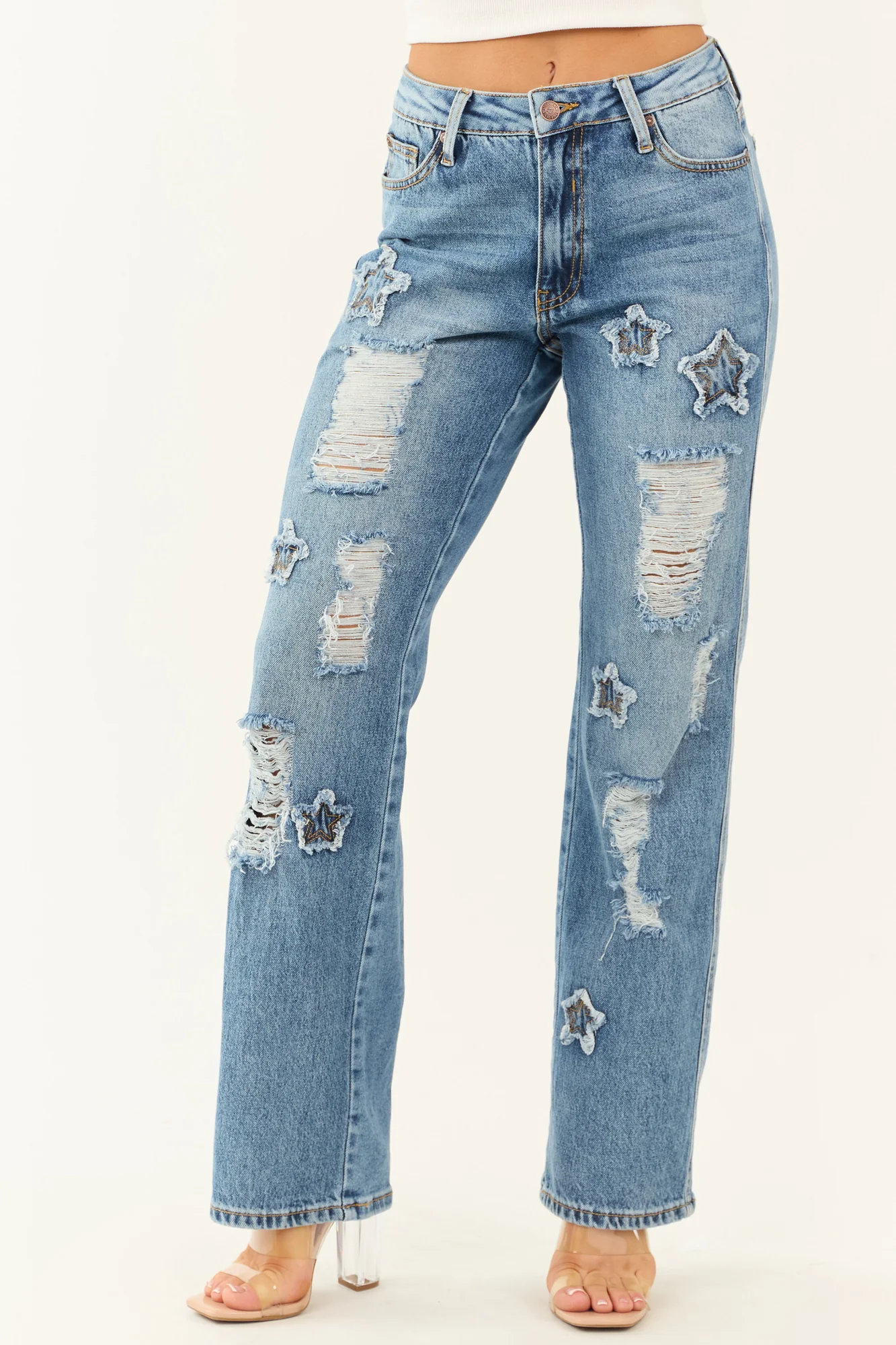 Medium Wash Straight Leg Star Patch Jeans