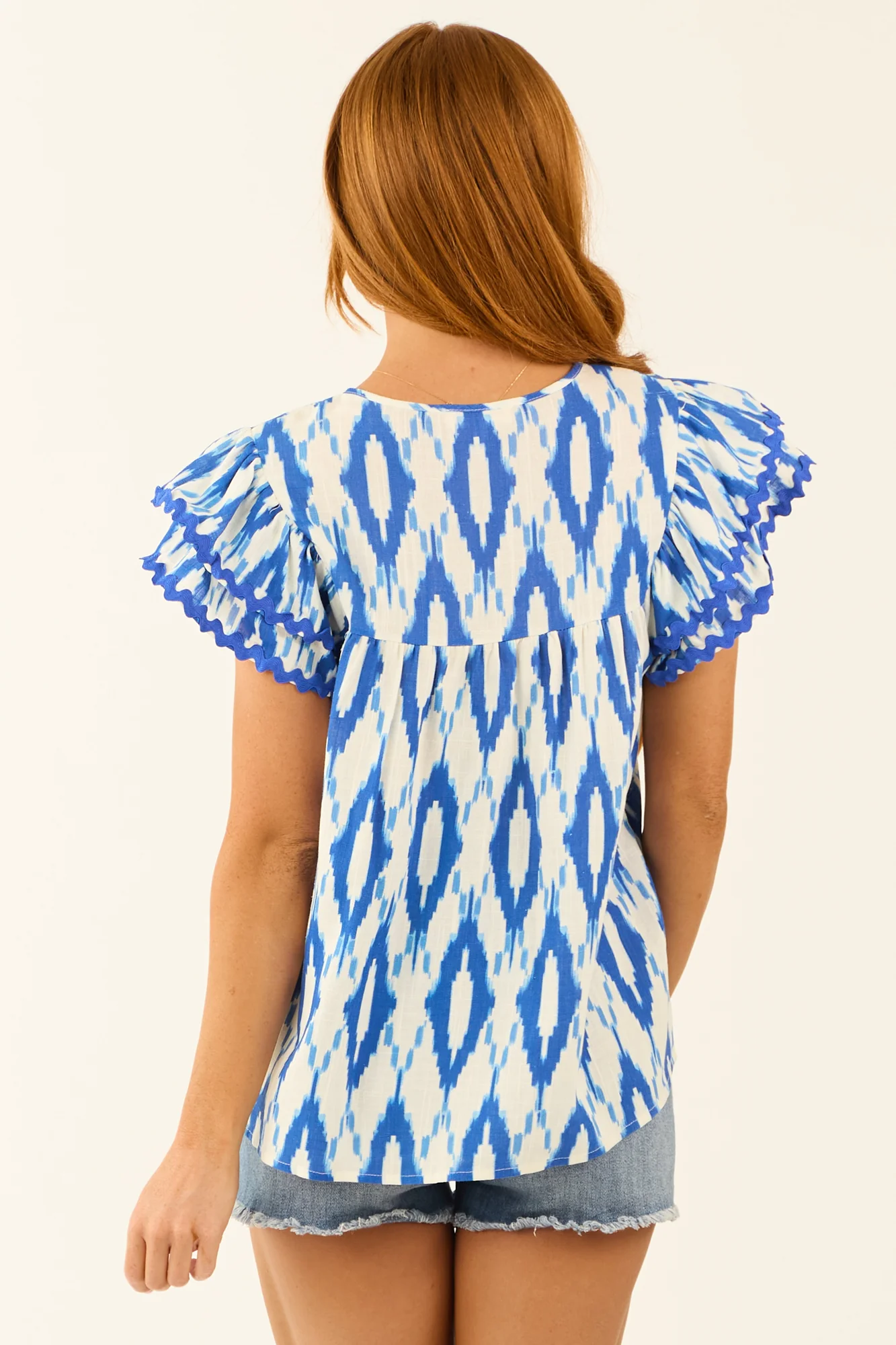 Cobalt Abstract Ruffle Sleeve Blouse