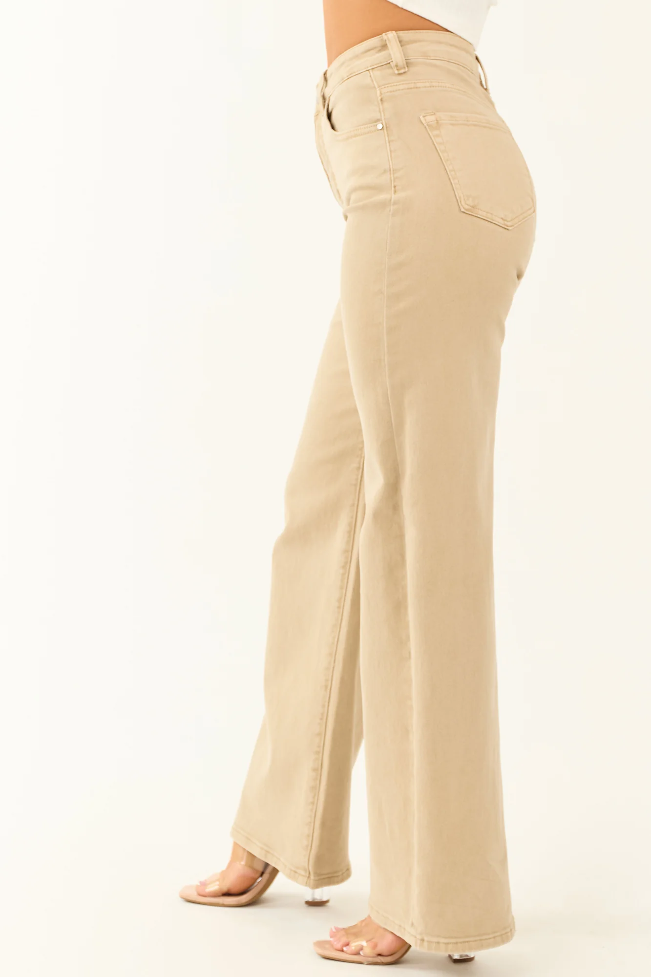 Beige Tall Length High Rise Stretchy Wide Leg Jeans