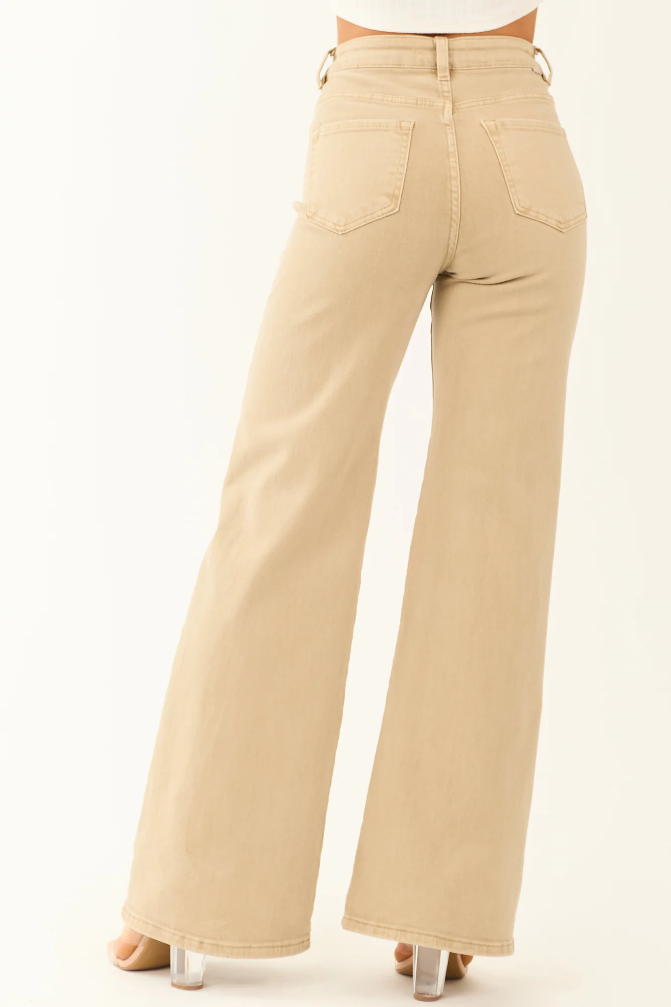 Beige Tall Length High Rise Stretchy Wide Leg Jeans