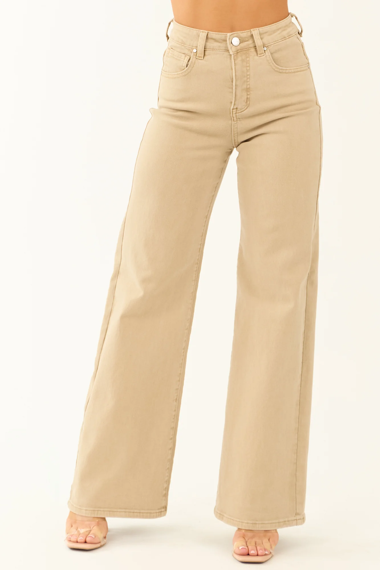 Beige Tall Length High Rise Stretchy Wide Leg Jeans