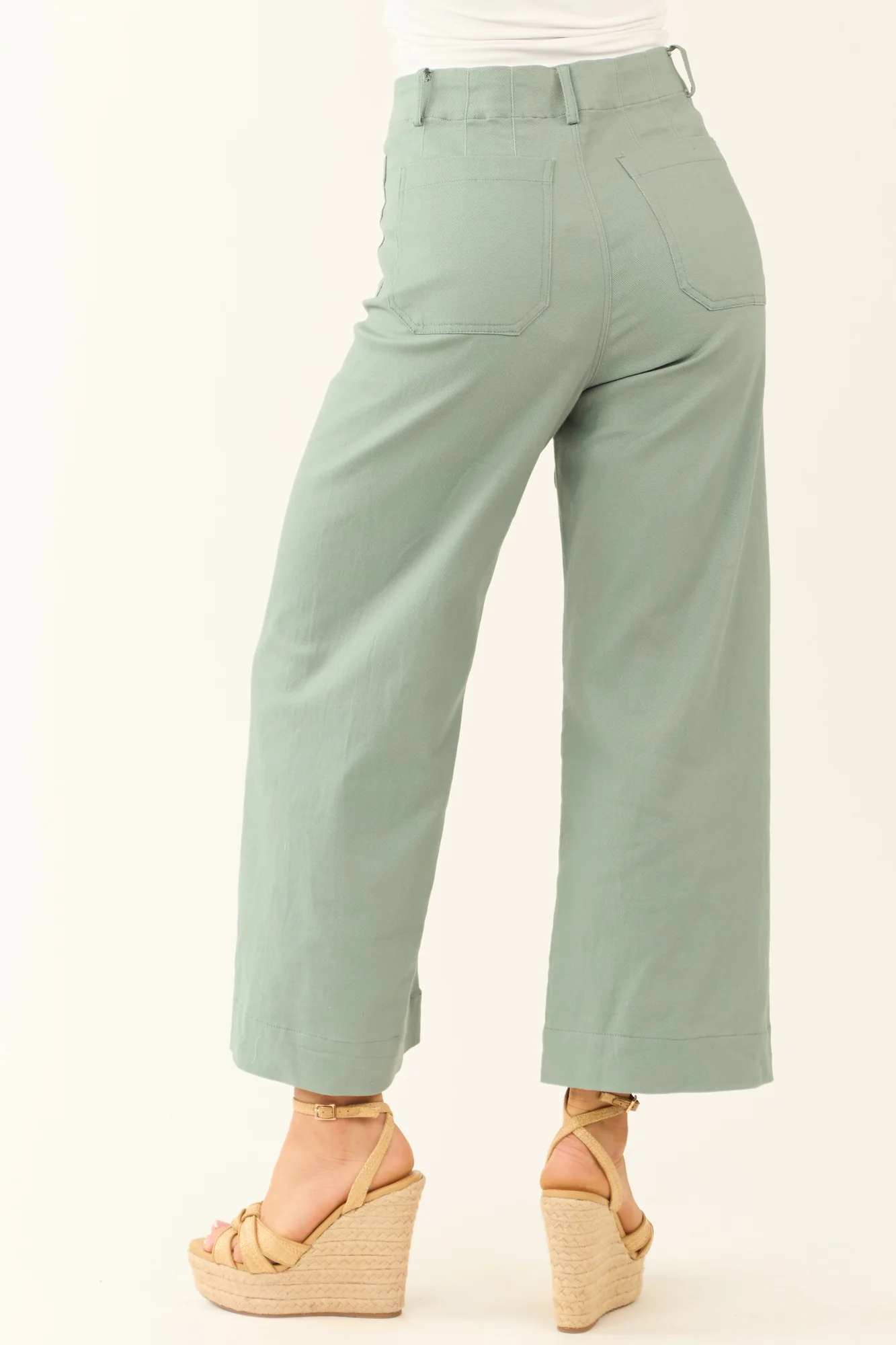 Green Wide Leg Cropped Cotton Denim Jeans