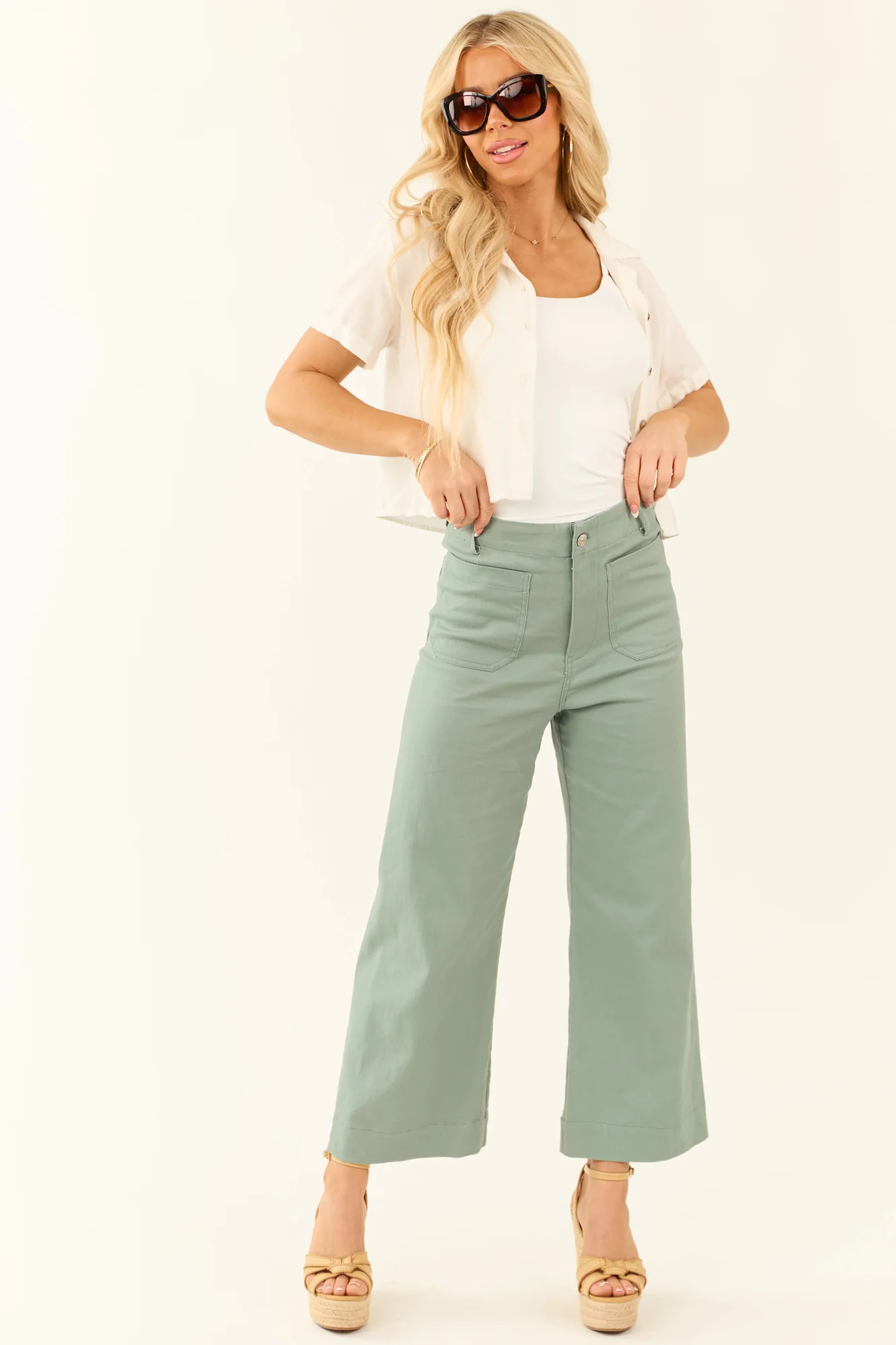 Green Wide Leg Cropped Cotton Denim Jeans
