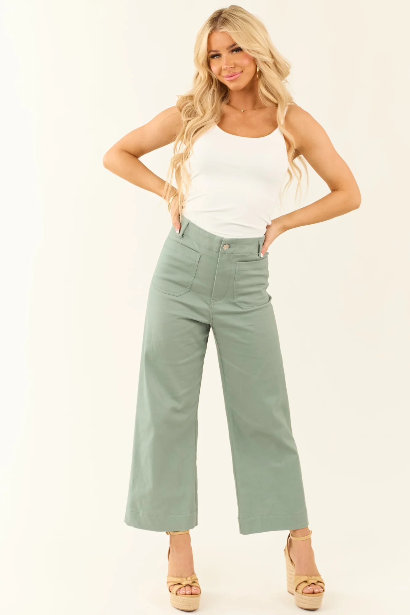 Green Wide Leg Cropped Cotton Denim Jeans