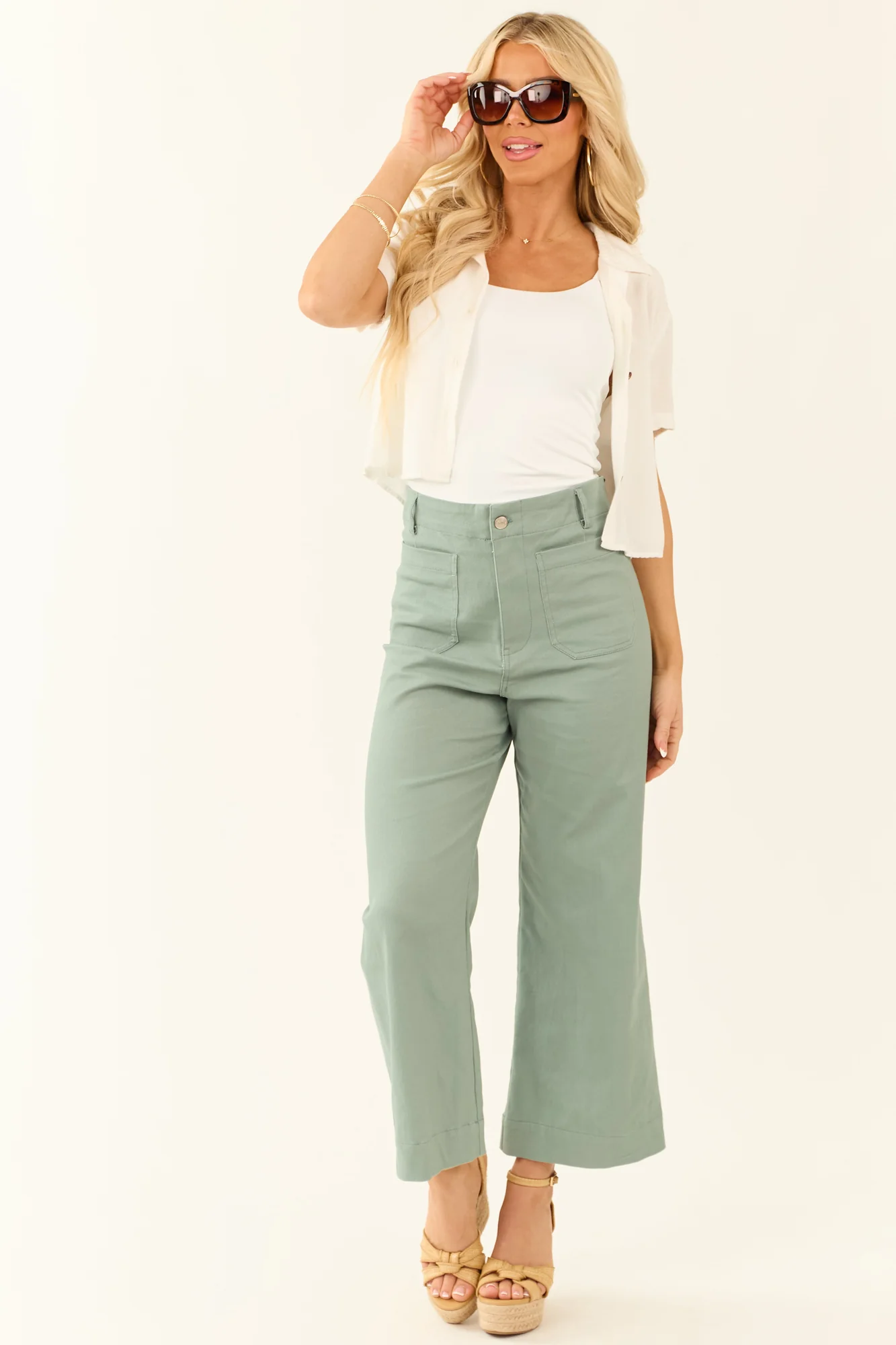 Green Wide Leg Cropped Cotton Denim Jeans