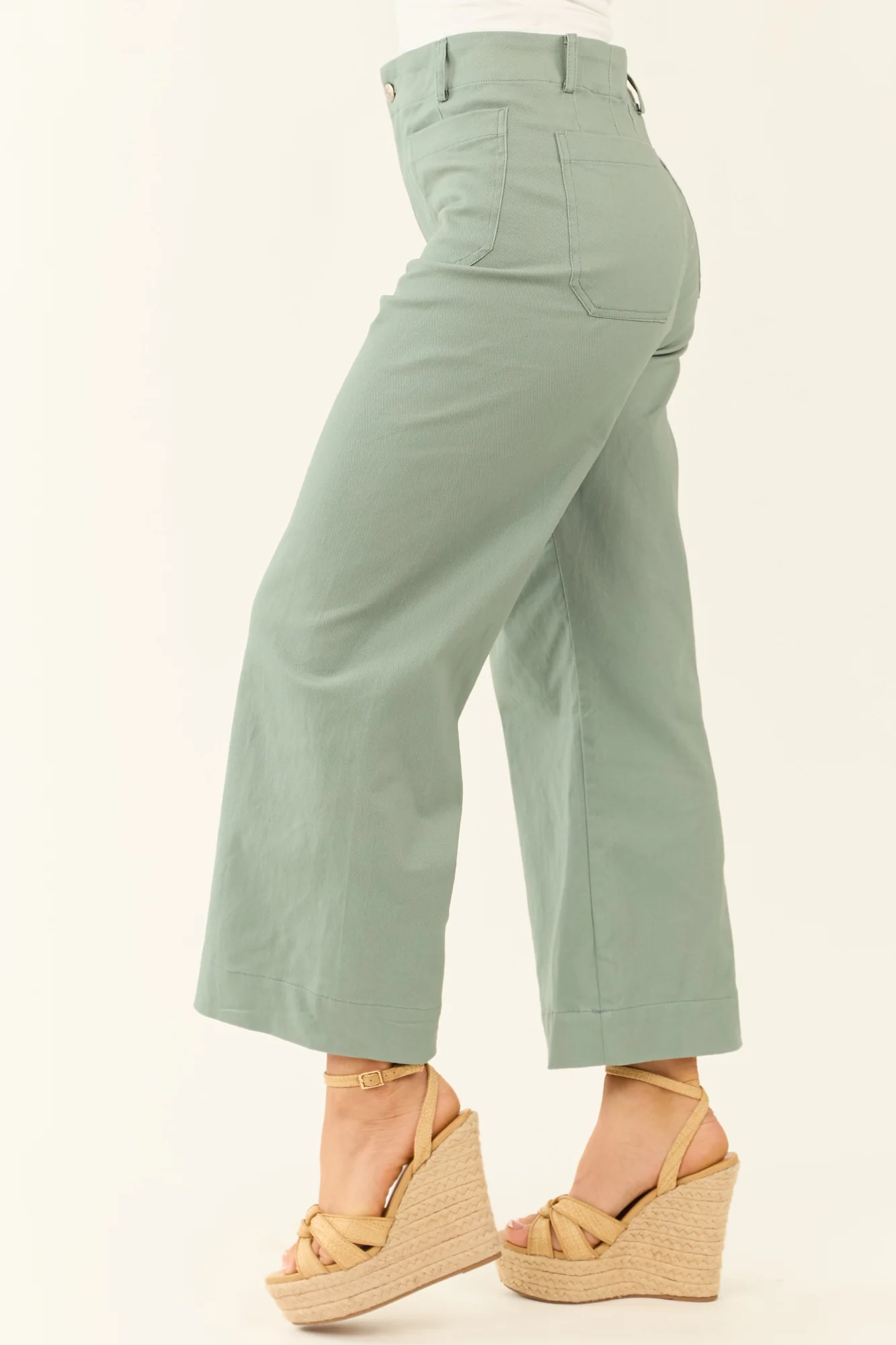 Green Wide Leg Cropped Cotton Denim Jeans